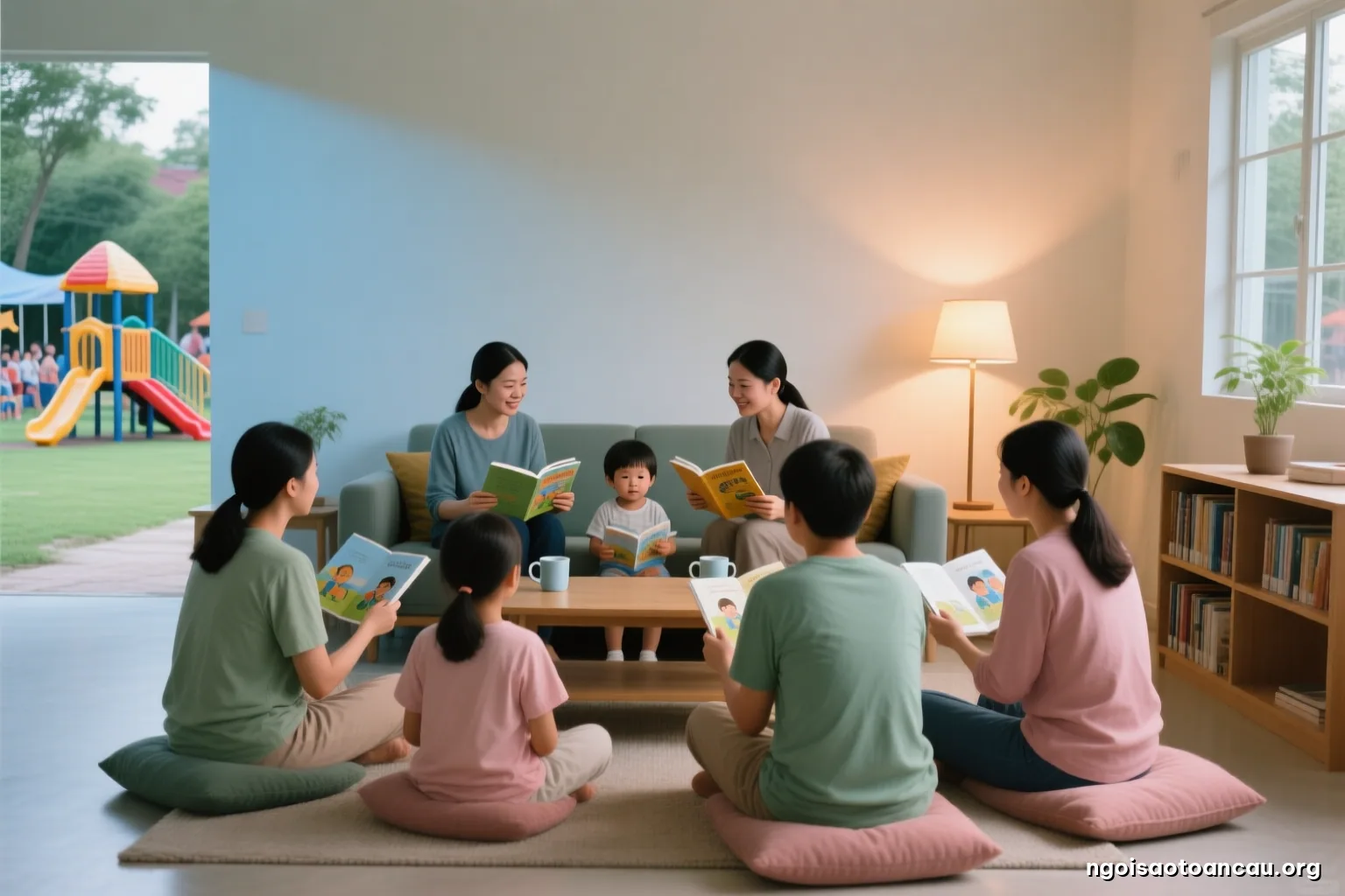 Six parents sitting on floor cushions in a living room, each holding a closed paperback, mugs on a low table, warm evening lamp light, wide shot from behind the group