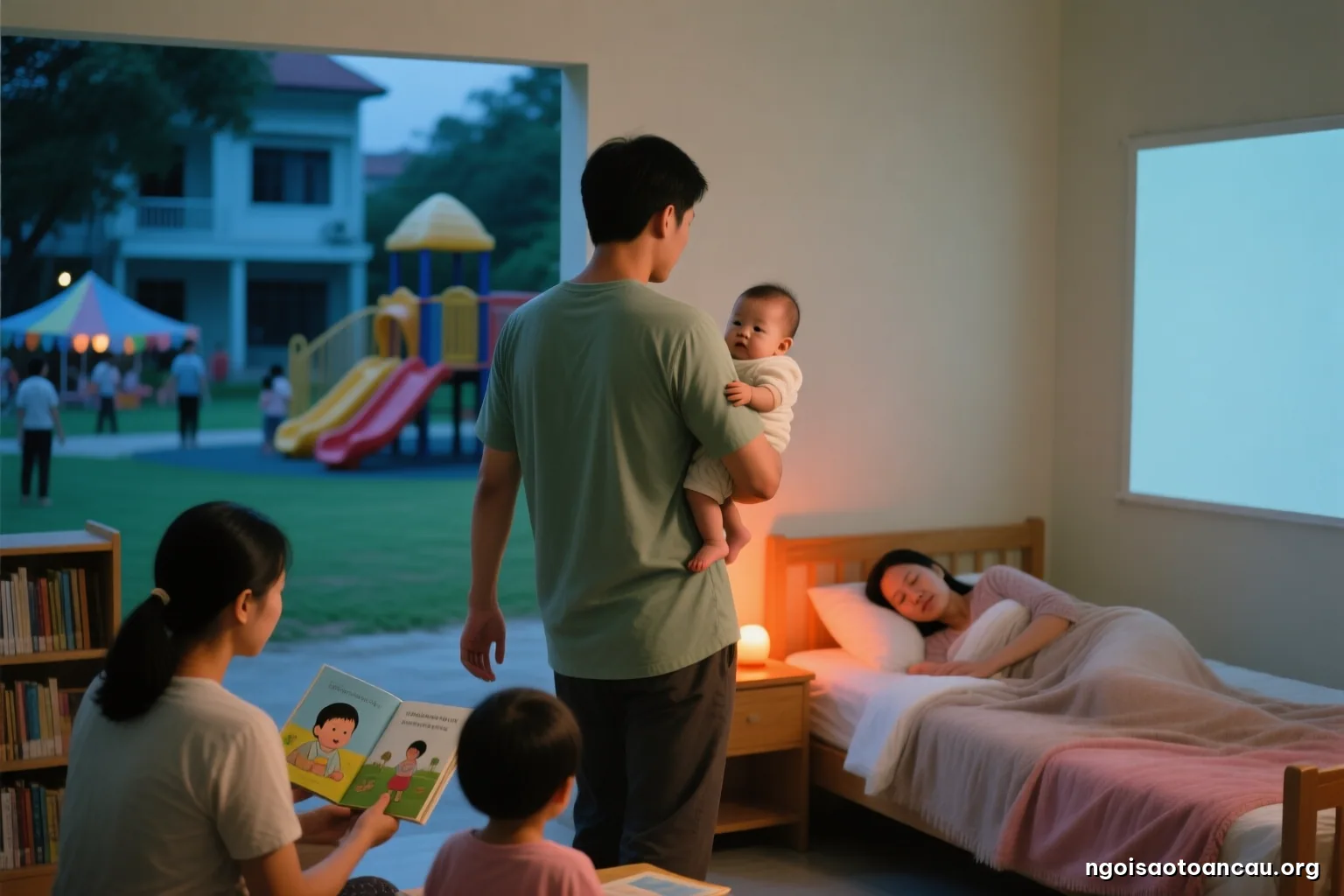 Dim bedroom at night lit only by a small orange nightlight, a father pacing slowly while holding a swaddled baby against his shoulder, mother asleep under a blanket in background, soft focus