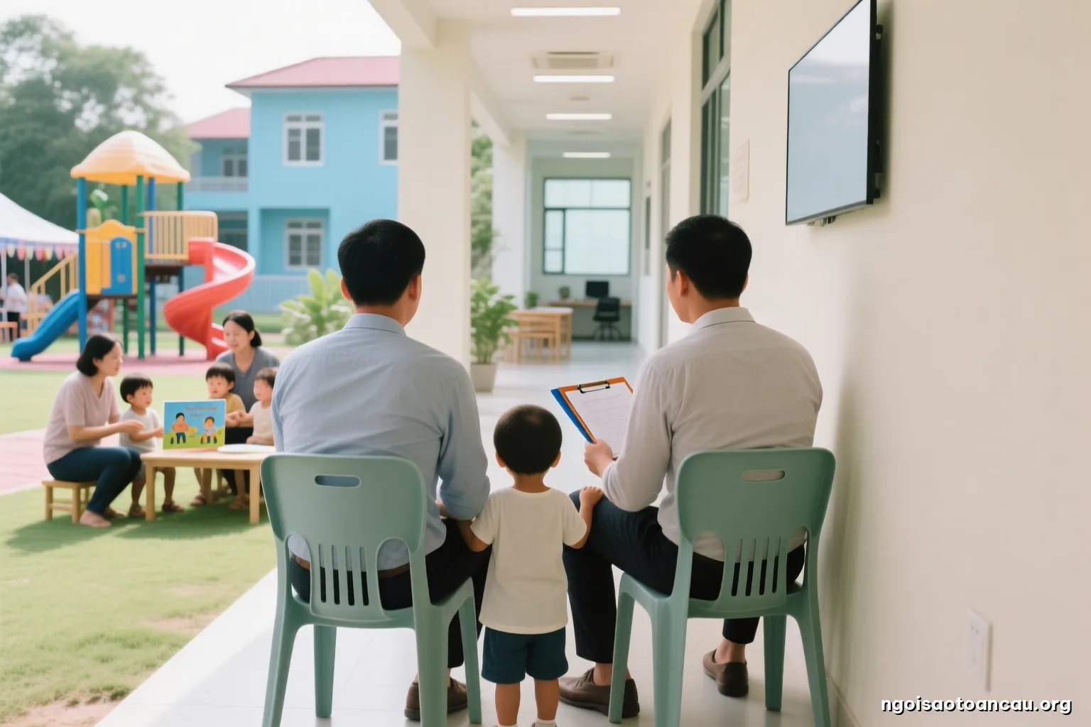 A father seen from behind waiting on a plastic chair in a plain government office corridor, holding a folder of papers on his knees, a toddler leaning on his leg, flat daylight