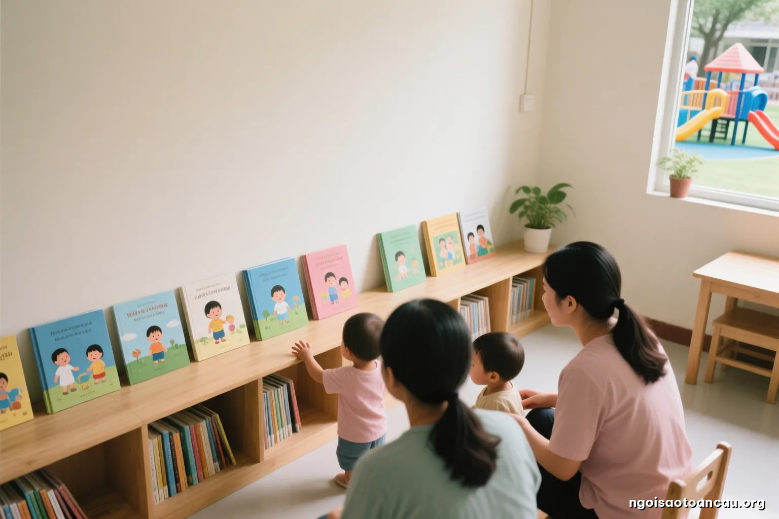 Top-down view of a low wooden shelf in a bright community room, rows of board books and cloth books facing outward, a small hand reaching in from the edge, soft daylight