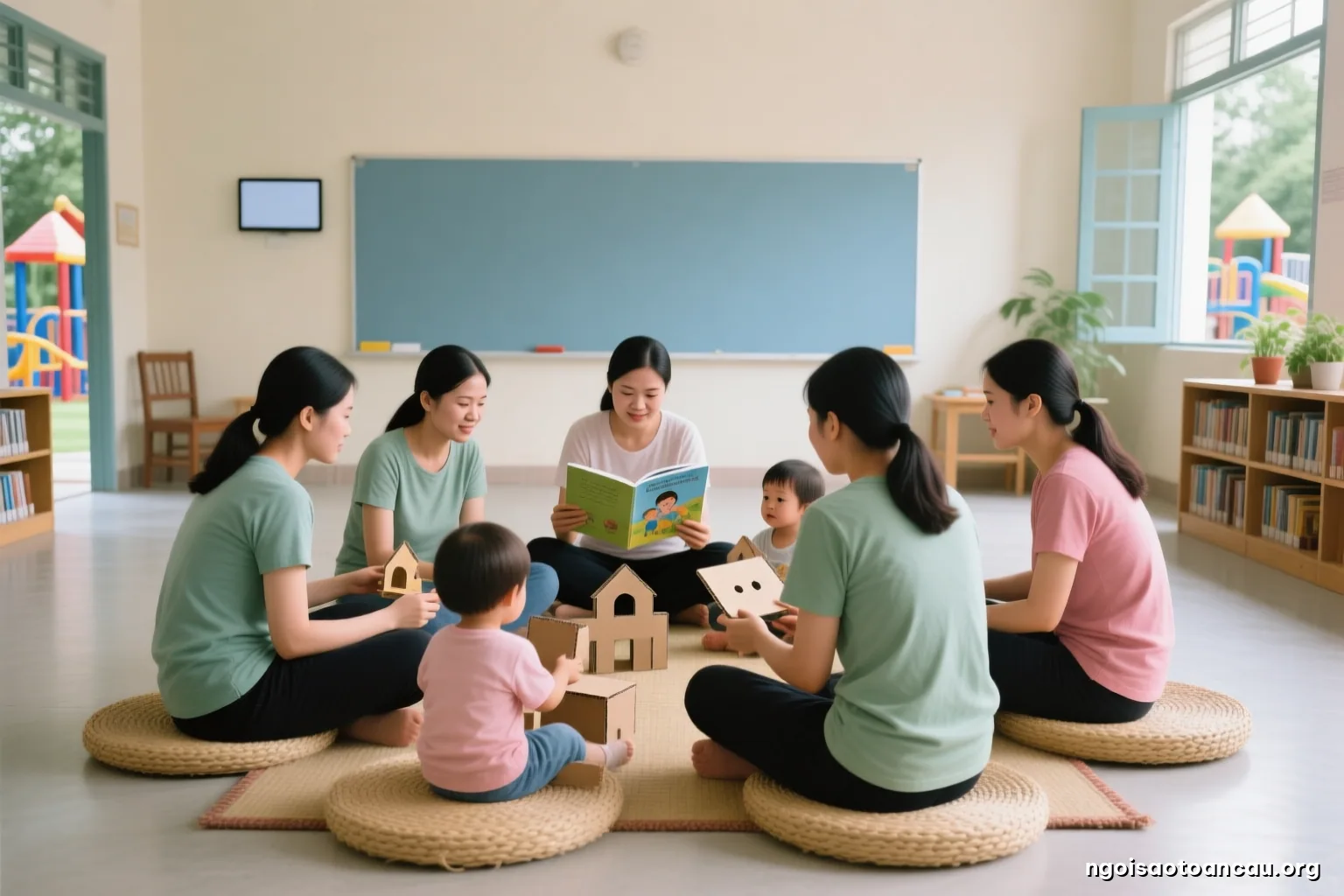 Five Vietnamese women teachers in casual clothes sitting in a circle on a straw mat in a quiet school hall, handling handmade cardboard toys, faces turned away from camera