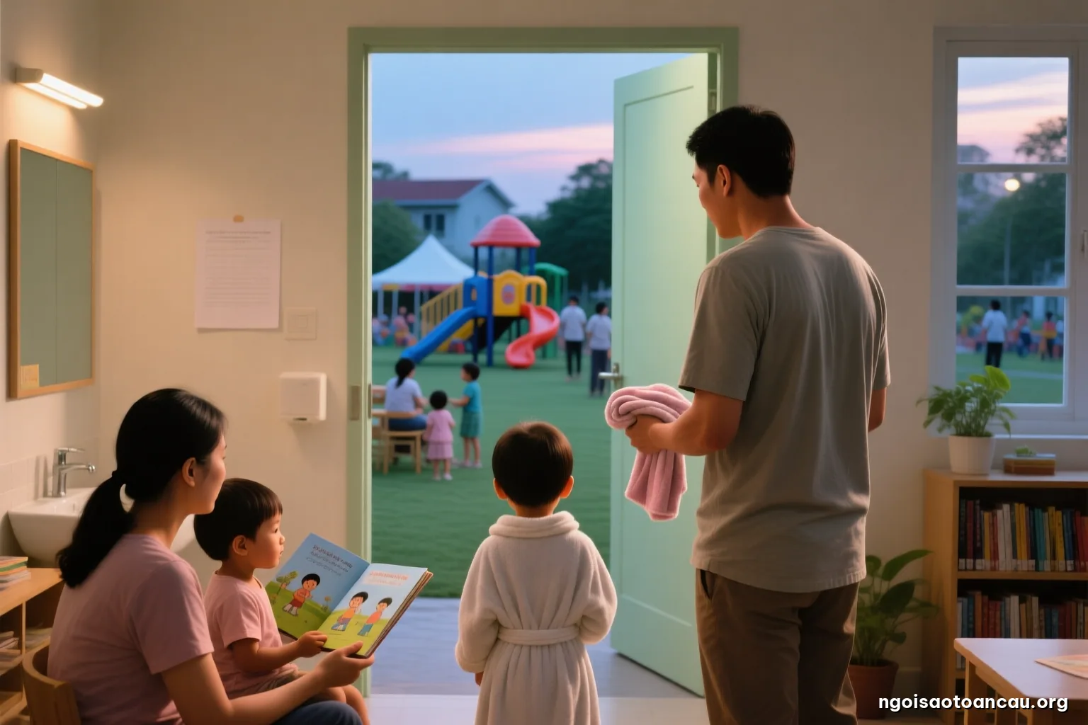 Bathroom doorway at dusk, a father holding a small folded towel out to a preschool child wrapped in a robe, warm tungsten light, faces turned away, over-the-shoulder view