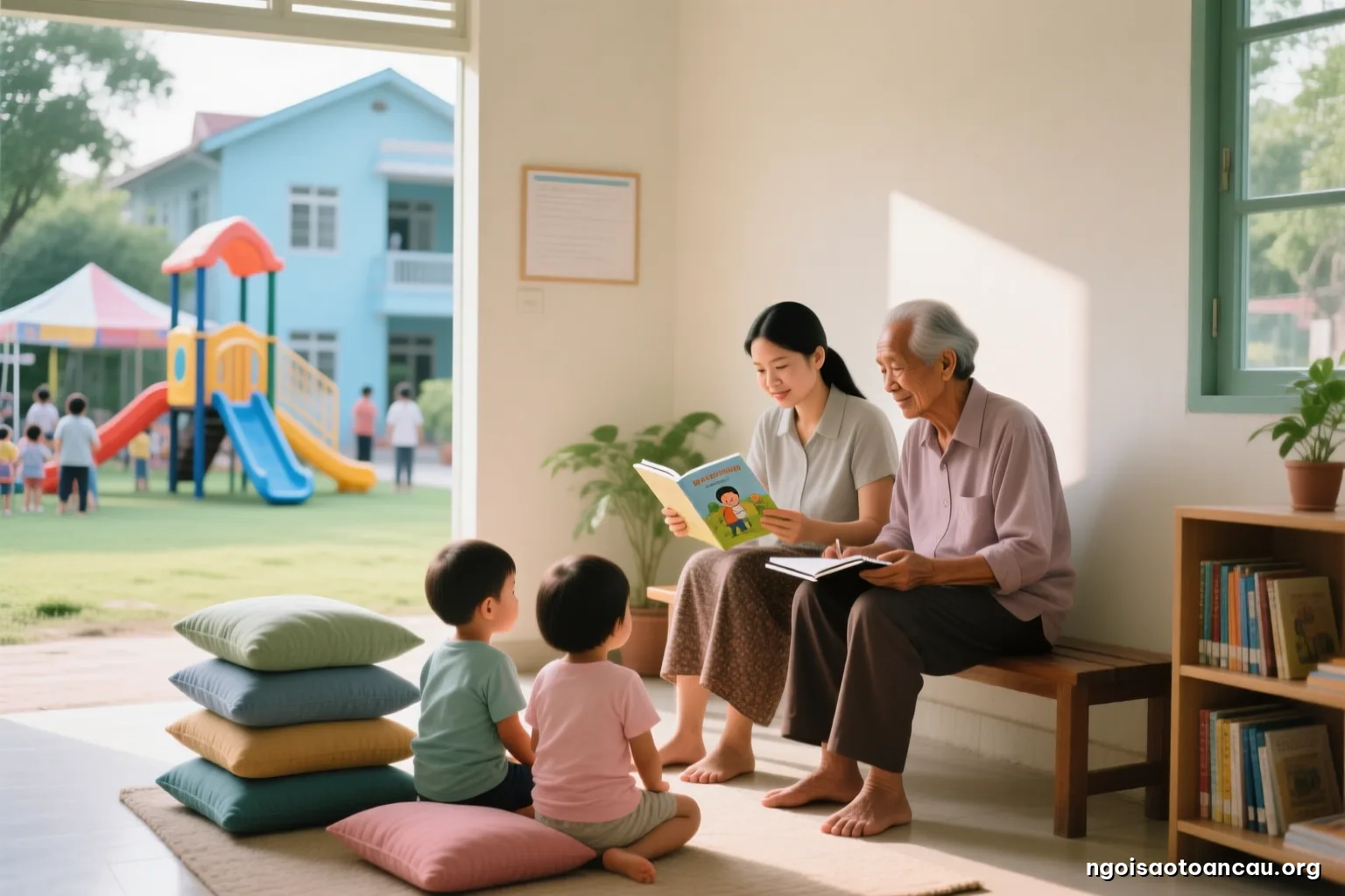 Neighbourhood community house on a weekend morning, a parent and an older resident sitting on a bench with a notebook, toddlers stacking cushions on the floor behind them, natural side light