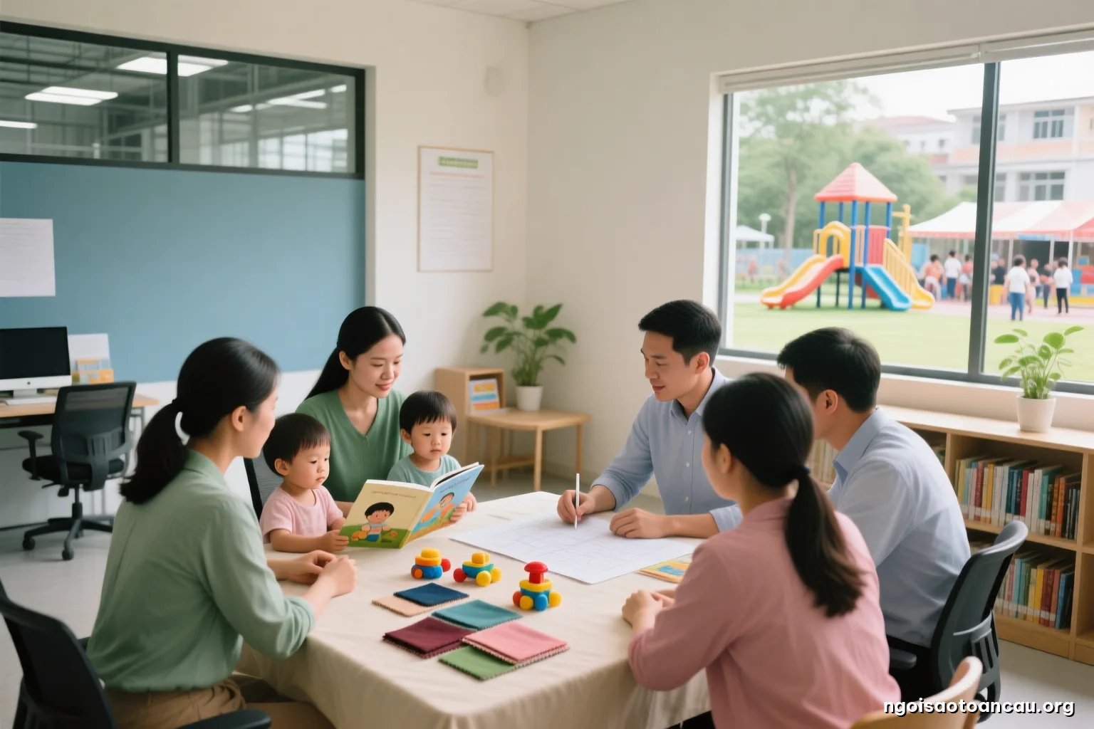 Small meeting room in an industrial park office, three employees and a preschool principal reviewing plans on a table covered with fabric swatches and toy samples, shot over shoulders