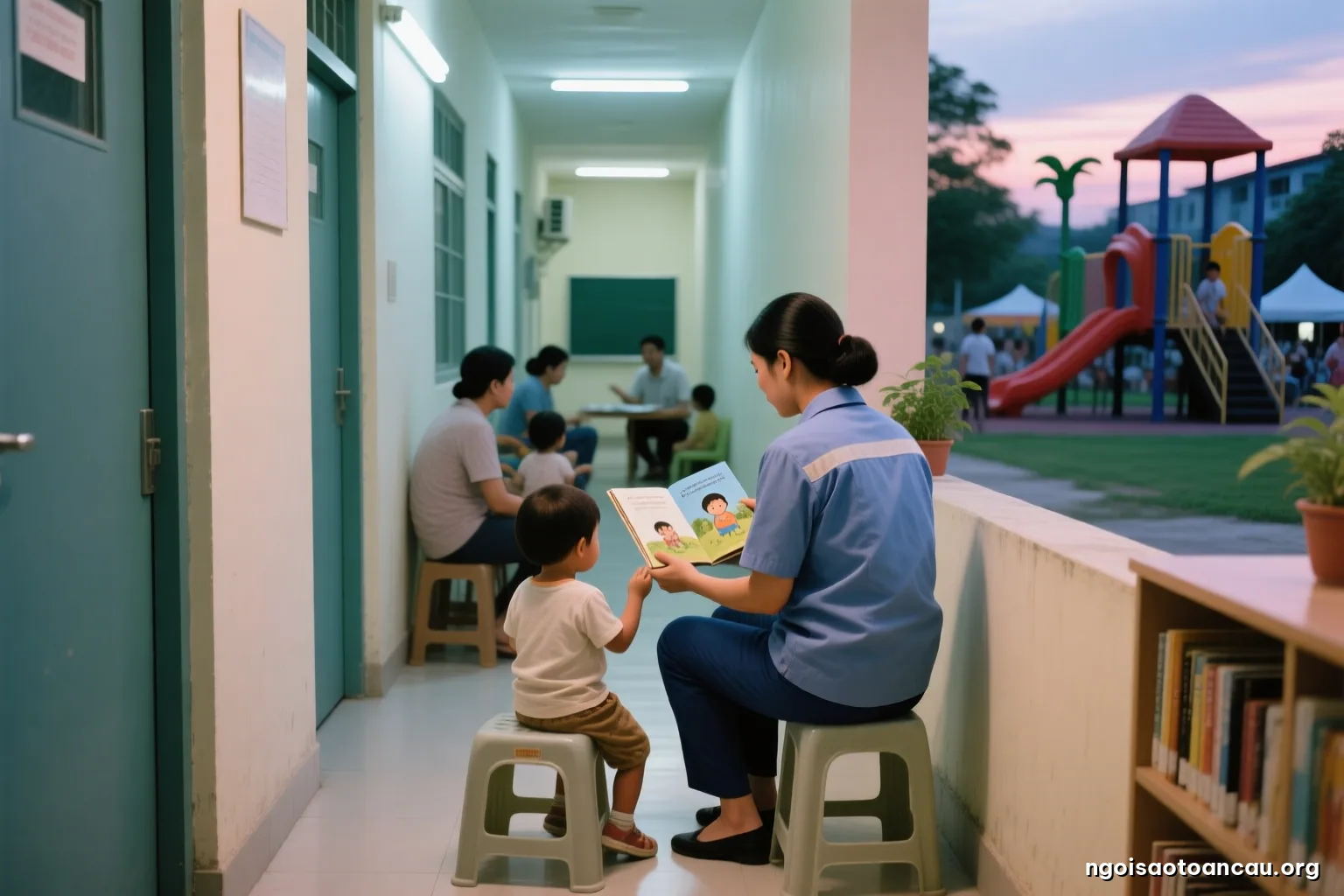 Narrow hallway of a worker boarding house at dusk, a mother in factory uniform sitting on a plastic stool with a toddler, sharing a worn picture book, faces turned away, fluorescent glow