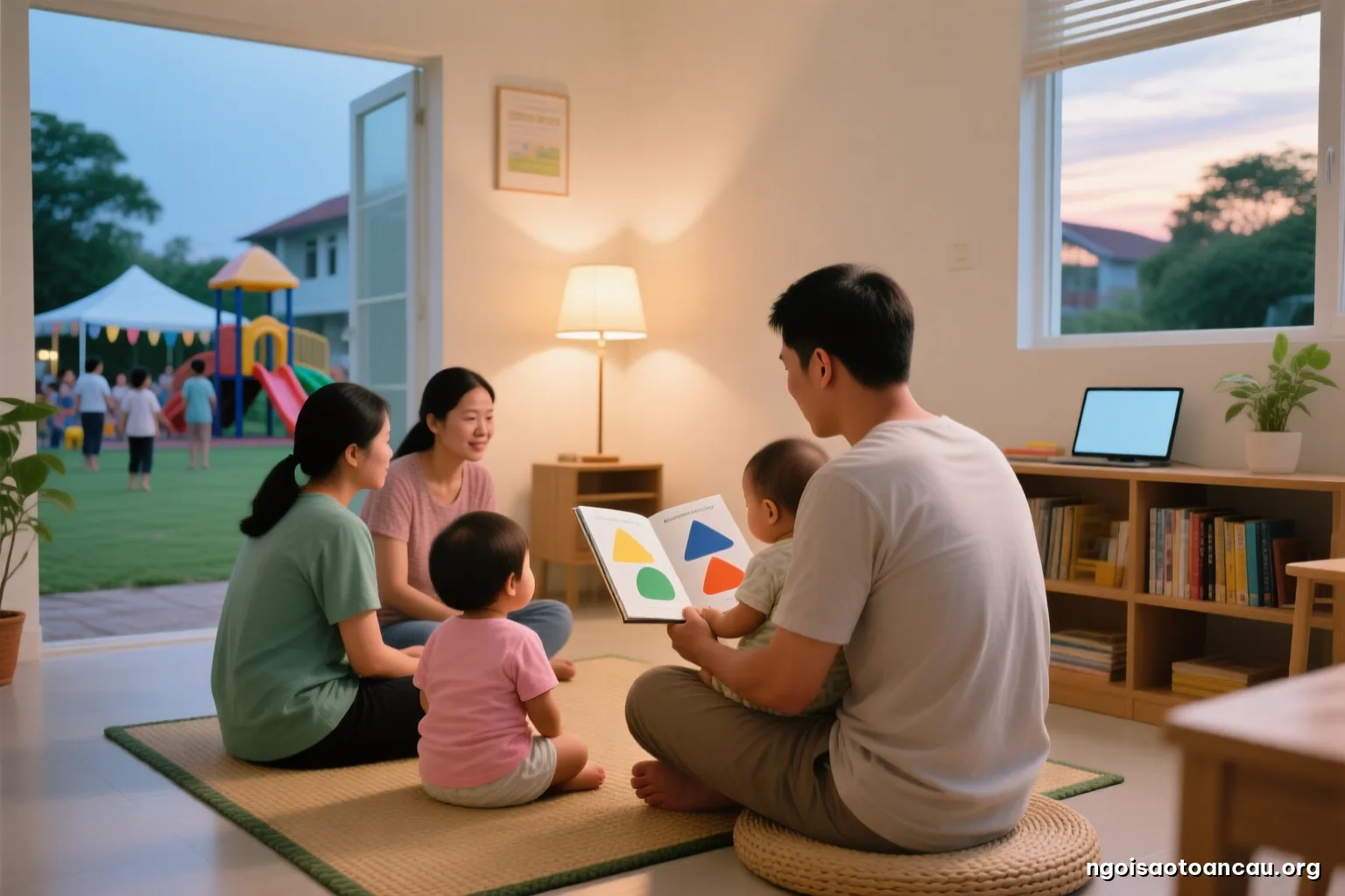 Warm evening scene in a small Vietnamese apartment, a father sitting on a woven mat holding an infant on his lap, an open picture book of colorful shapes, seen from behind, soft lamp light