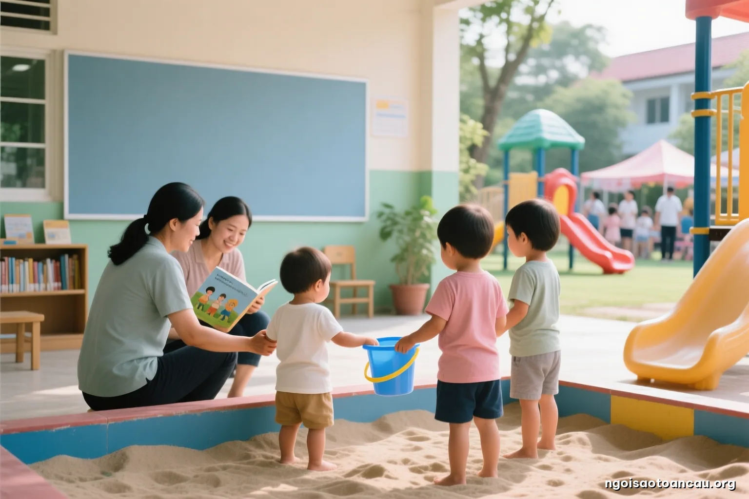 A shy toddler holding a parent hand at the edge of a playground sandbox while two other children offer a plastic bucket, seen from behind at child height, morning shade