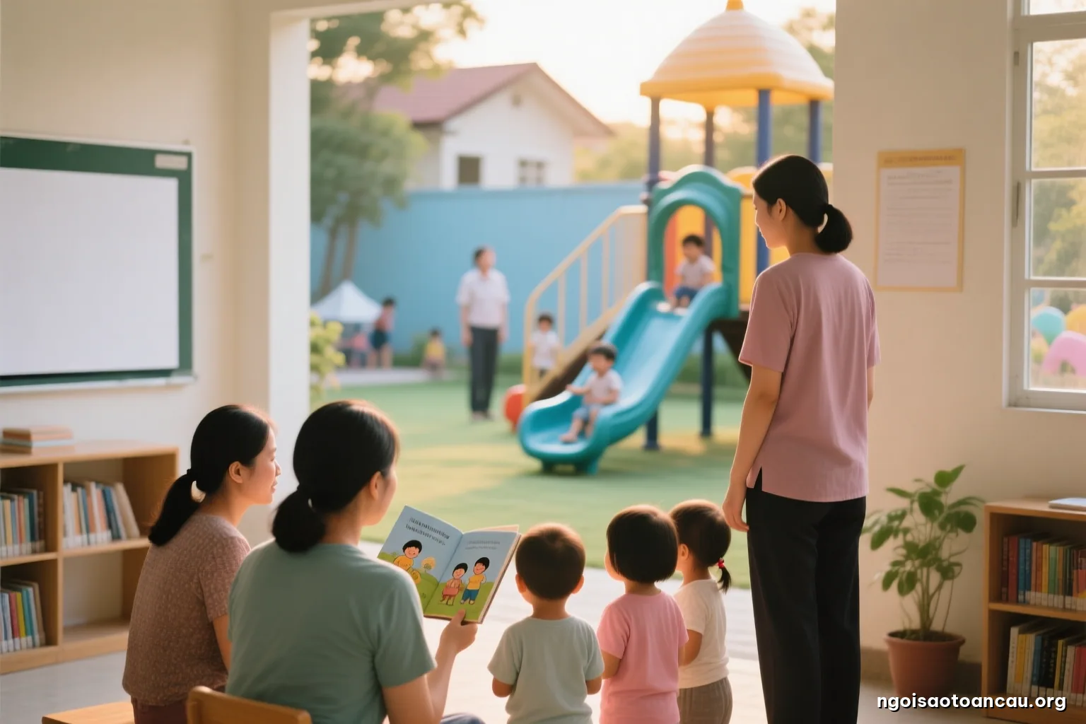 Neighborhood playground at golden hour, a parent standing at the edge watching several small children on a slide, an adult figure blurred in the background, telephoto shallow depth