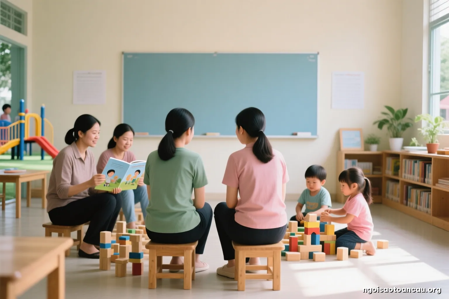 Two young Vietnamese preschool teachers seen from behind, sitting on low wooden stools at the edge of a sunny classroom, quietly watching children build with wooden blocks