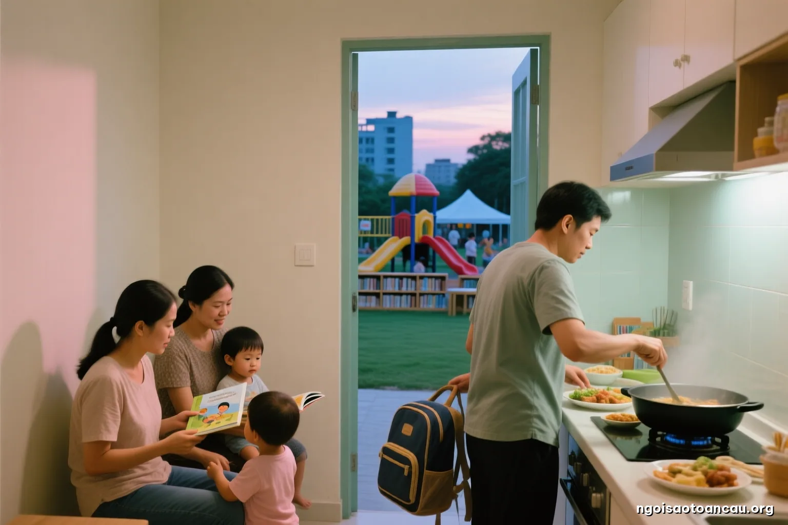 Kitchen of a small city apartment at dusk, a couple preparing dinner side by side, one stirring a pot while the other packs a toddler bag, shot from doorway, faces turned away