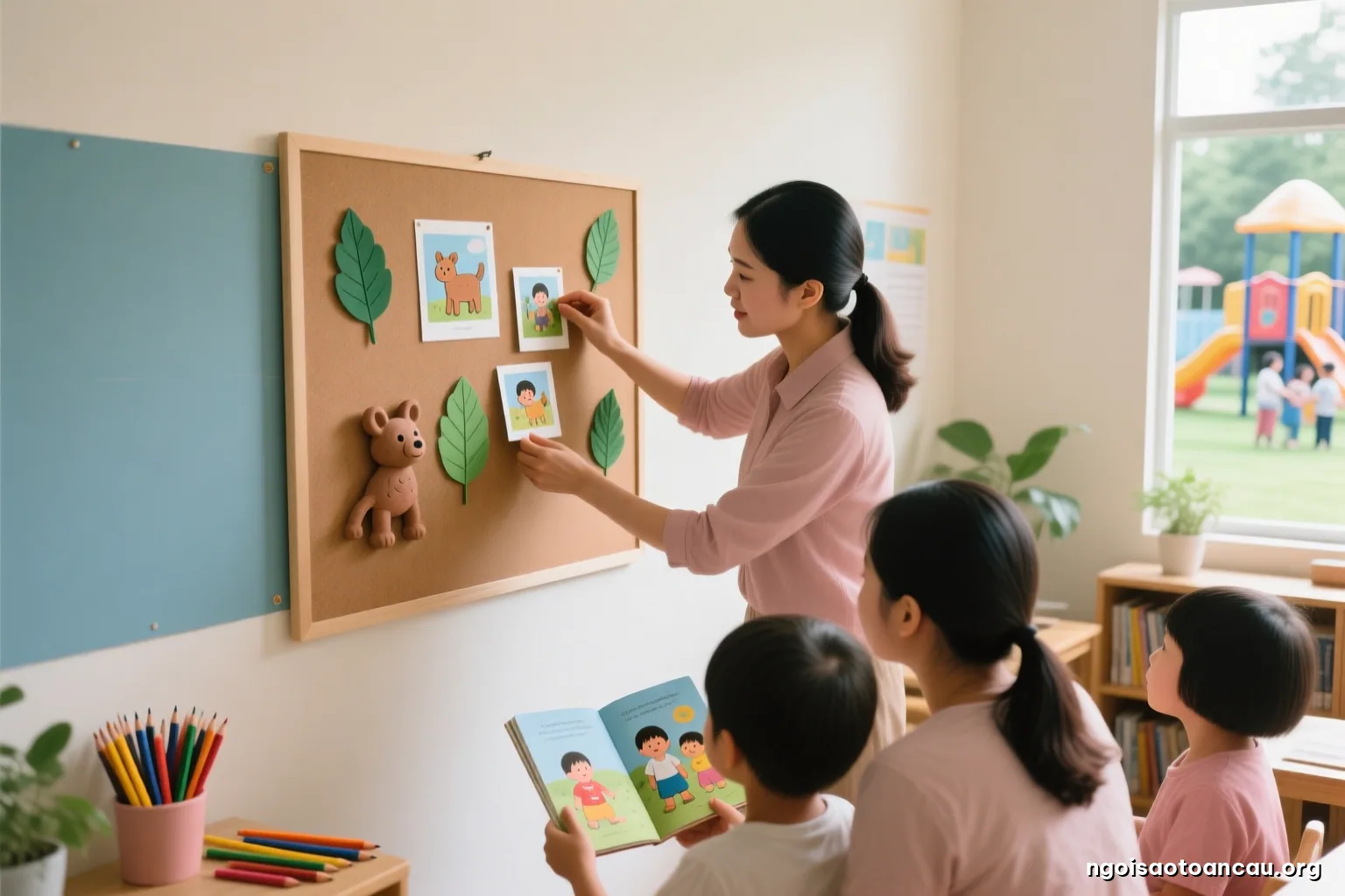 Close view of a teacher hands placing small photographs of clay animals and leaf collages onto a blank cork board, colored pencils scattered nearby, soft morning window light