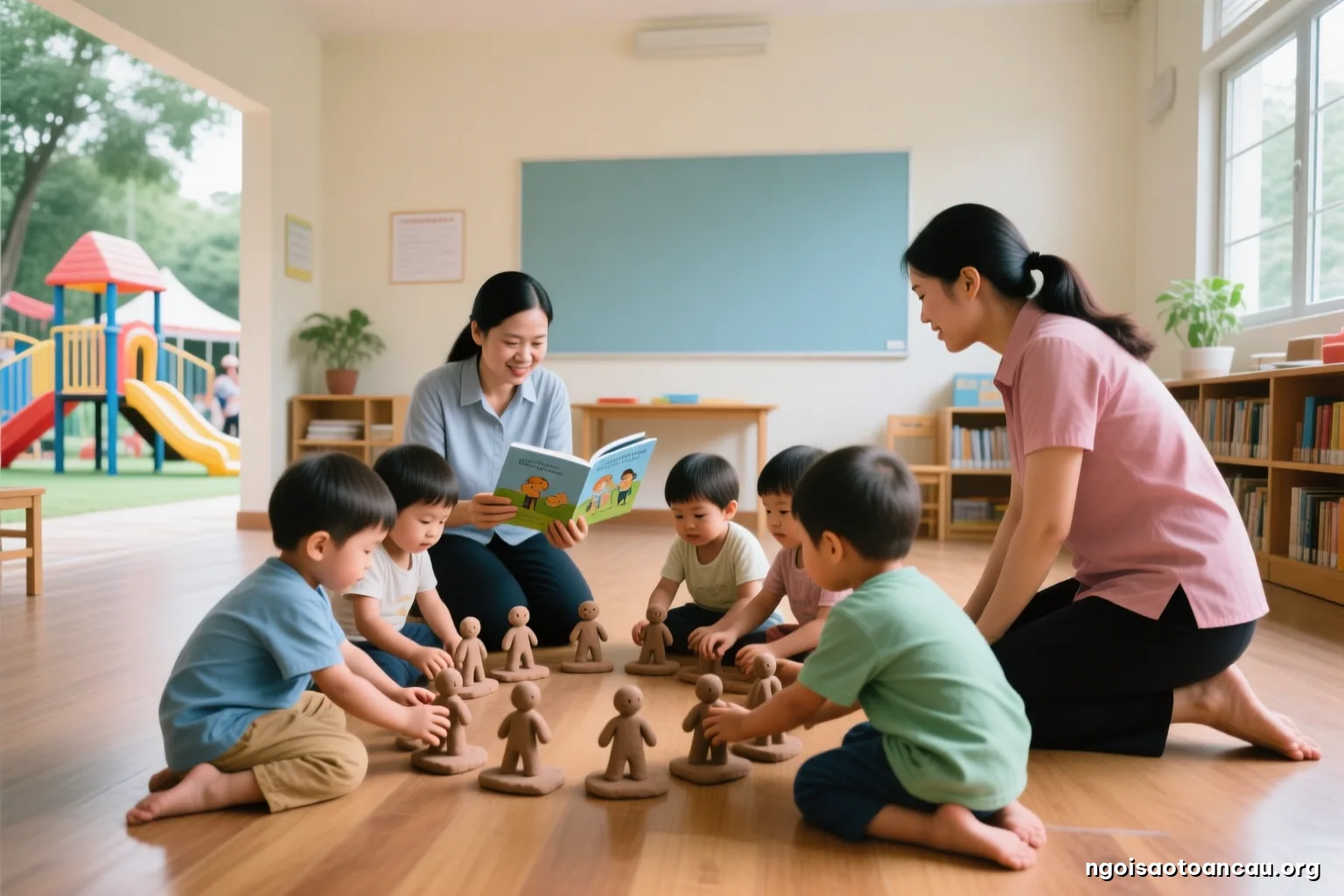Low angle view of small hands from several children placing handmade clay figures in a circle on a wooden floor of a community room, adults kneeling nearby, faces out of frame
