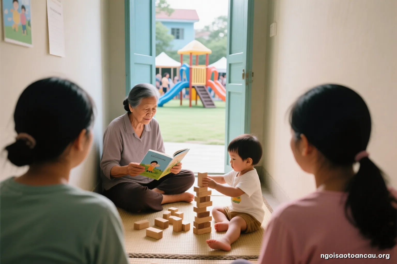 Over-the-shoulder view of a grandmother and a toddler stacking wooden blocks on a woven mat in a narrow rented room, afternoon window light, warm muted palette