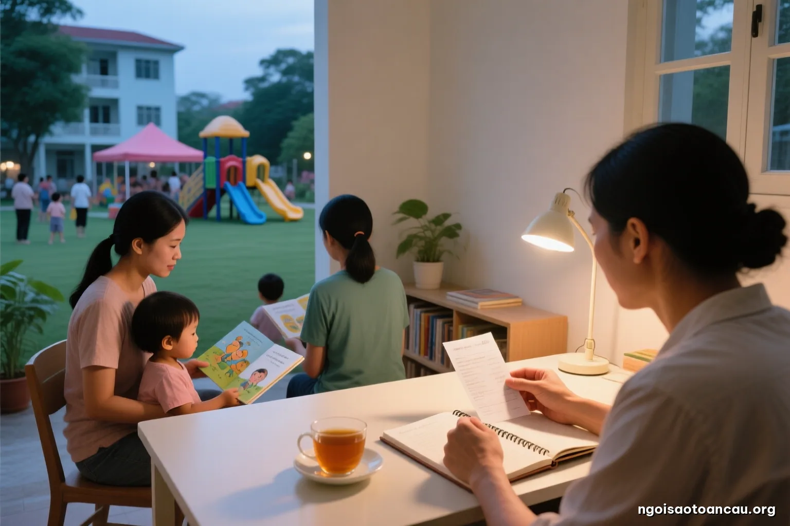 Evening at a home desk lit by a small lamp, an adult holding a paper receipt beside an open ledger notebook and a cup of tea, hands only, warm muted tones