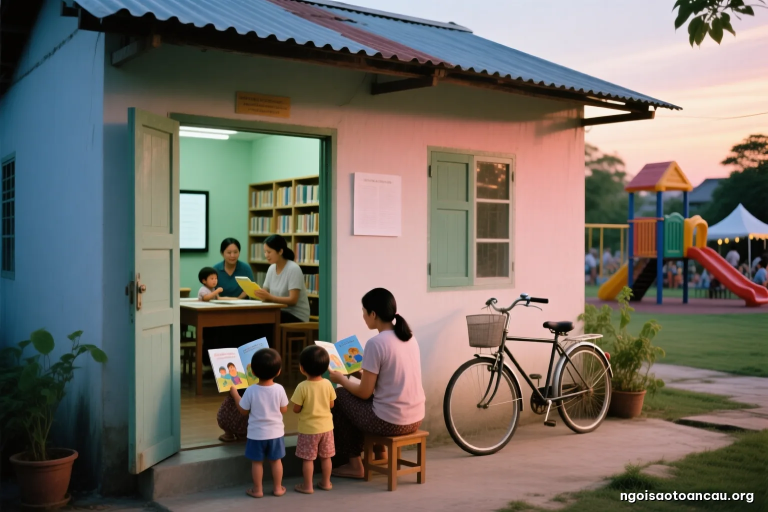 A young mother and two small children seen from behind sitting on the doorstep of a simple tin-roofed house at dusk, a bicycle leaning nearby, warm evening light