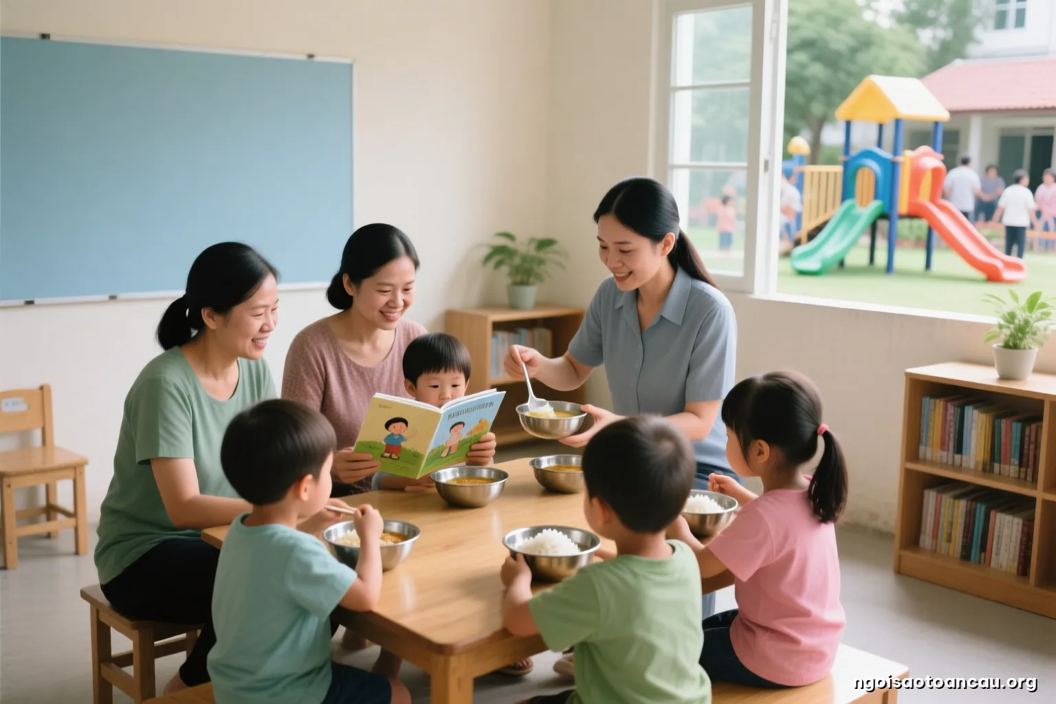A small group of preschool children seen from behind sitting at a low wooden table eating rice and soup from steel bowls, a teacher ladling food, midday window light