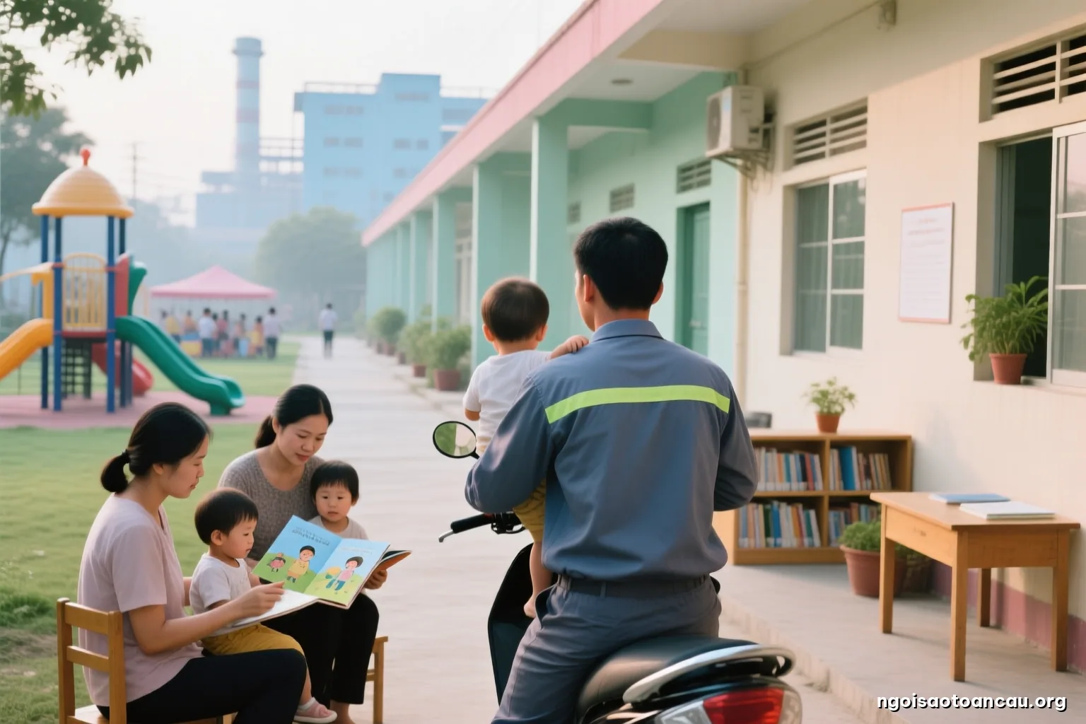 Early morning outside a row of rented rooms near a factory district, a father in a work uniform seen from behind lifting a toddler onto a motorbike seat, misty light