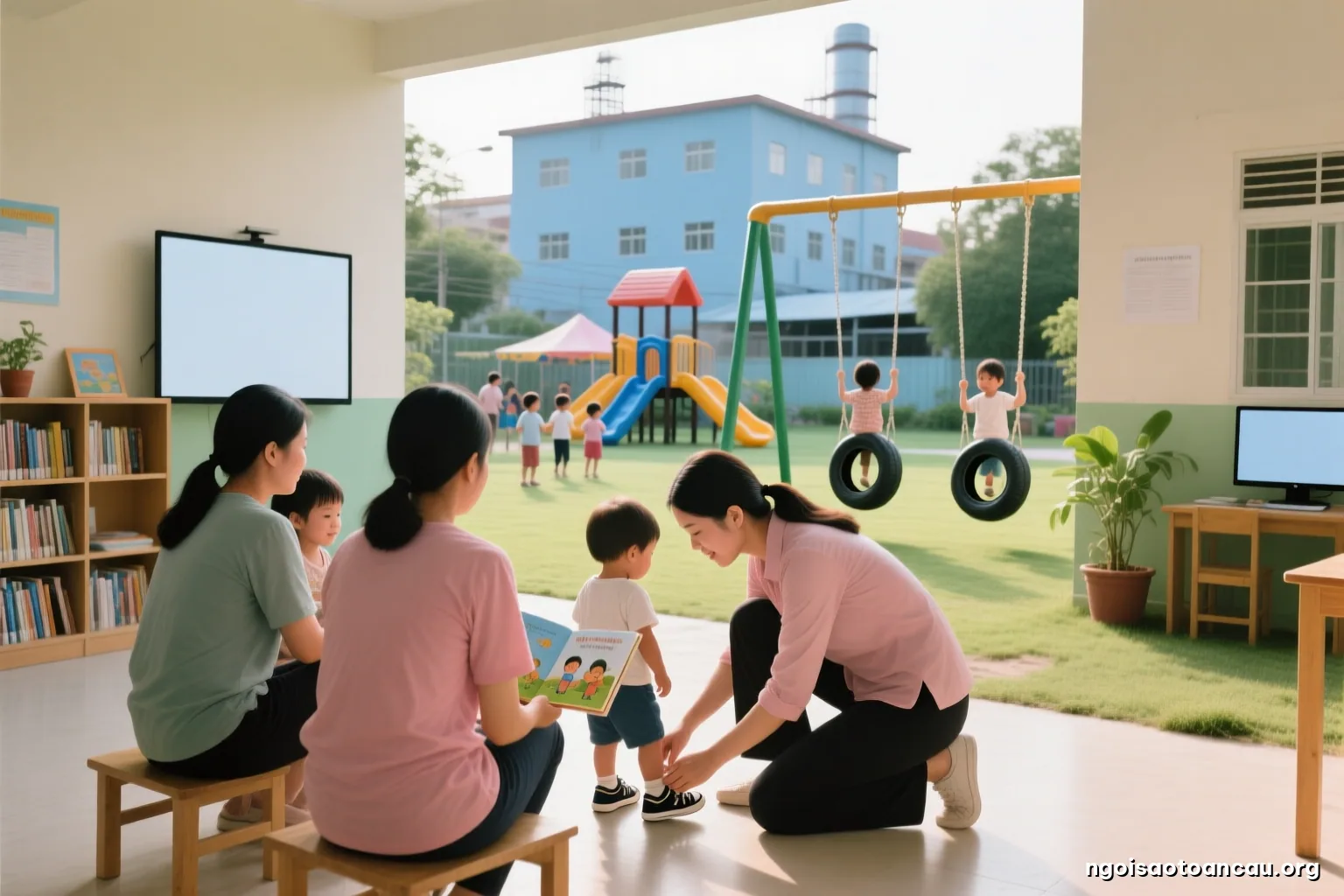 Late afternoon in a modest suburban preschool yard near factory buildings, a teacher kneels to tie a small child shoe while other children play with recycled tire swings, viewed from behind