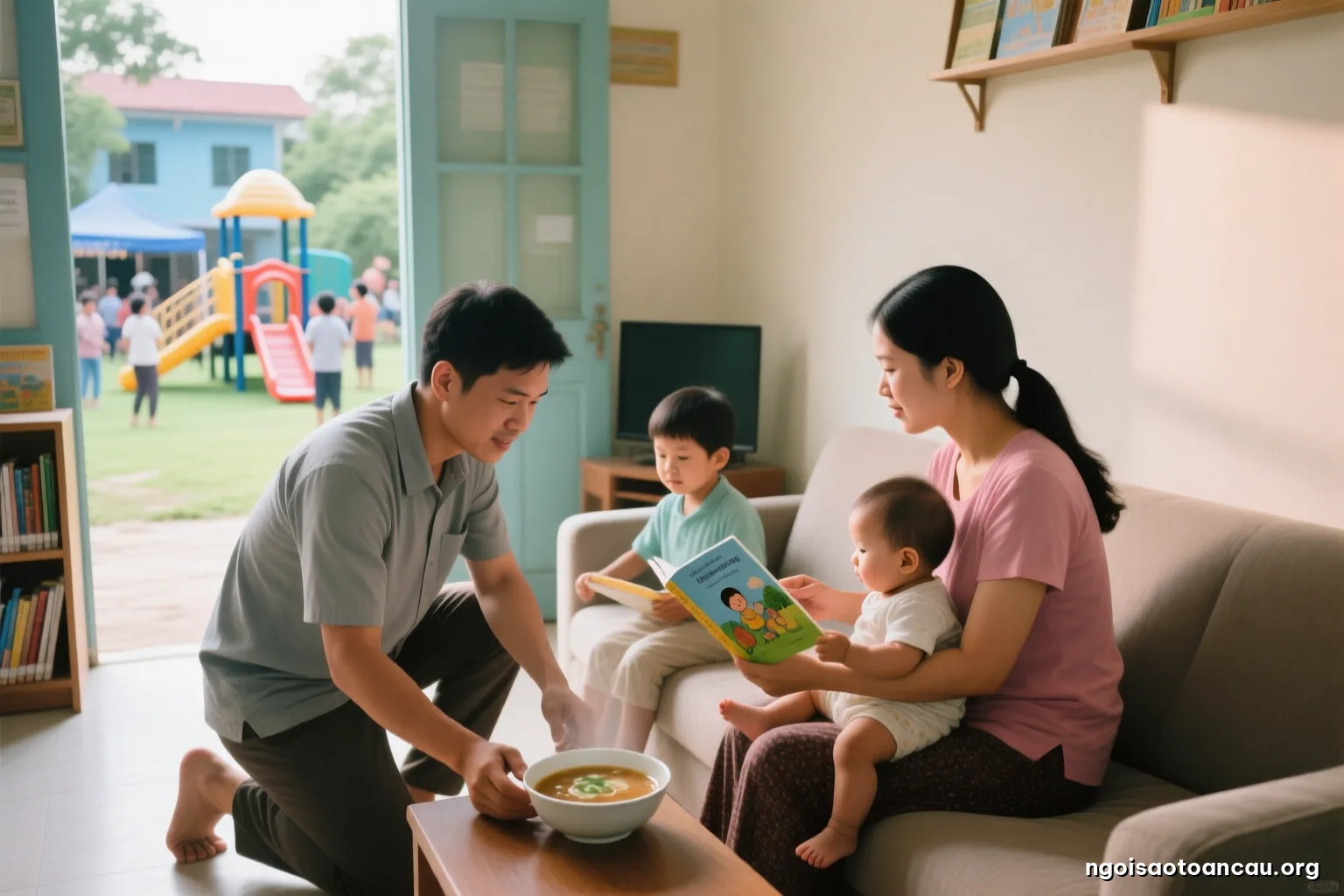 Afternoon in a modest Vietnamese home, a husband kneeling beside a sofa setting down a bowl of soup for his wife who holds a baby, shot over his shoulder, faces not visible