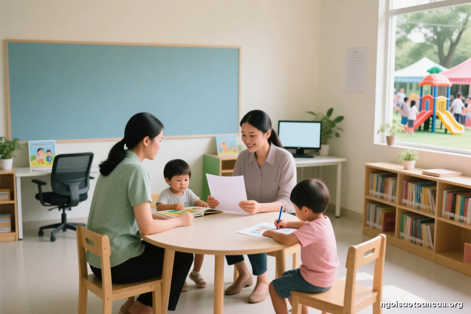 Two parents seen from behind at a small round table in a bright kindergarten office, reading a blank sheet of paper together, a child coloring quietly at their feet, warm daylight