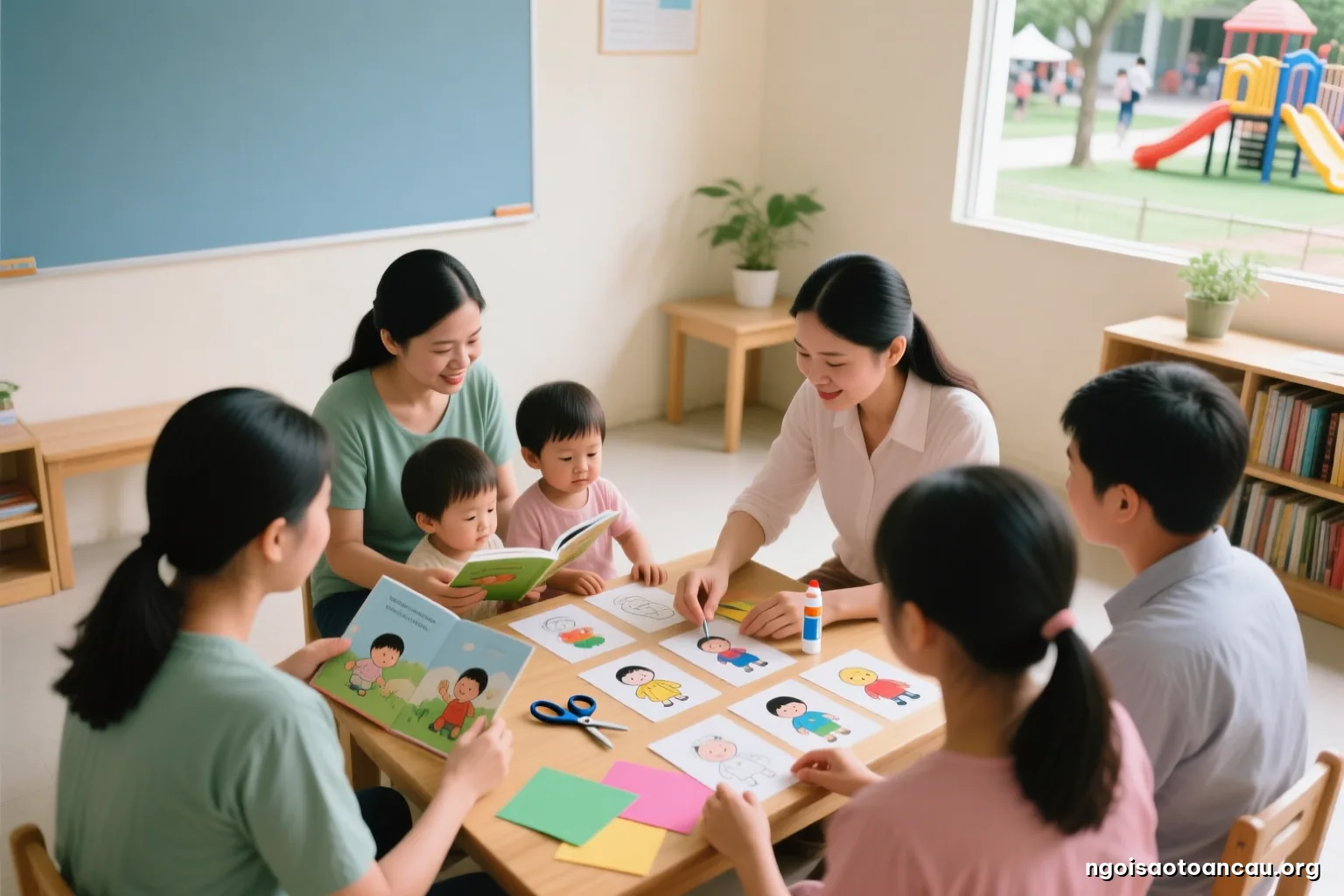 Overhead view of a low wooden table where a teacher arranges hand drawn picture cards, scissors, glue and colored paper shapes, soft daylight, hands only