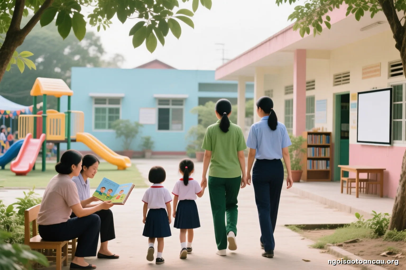 Two groups of preschool teachers in different colored uniforms seen from behind, walking together through a leafy schoolyard toward a low classroom building, soft overcast light