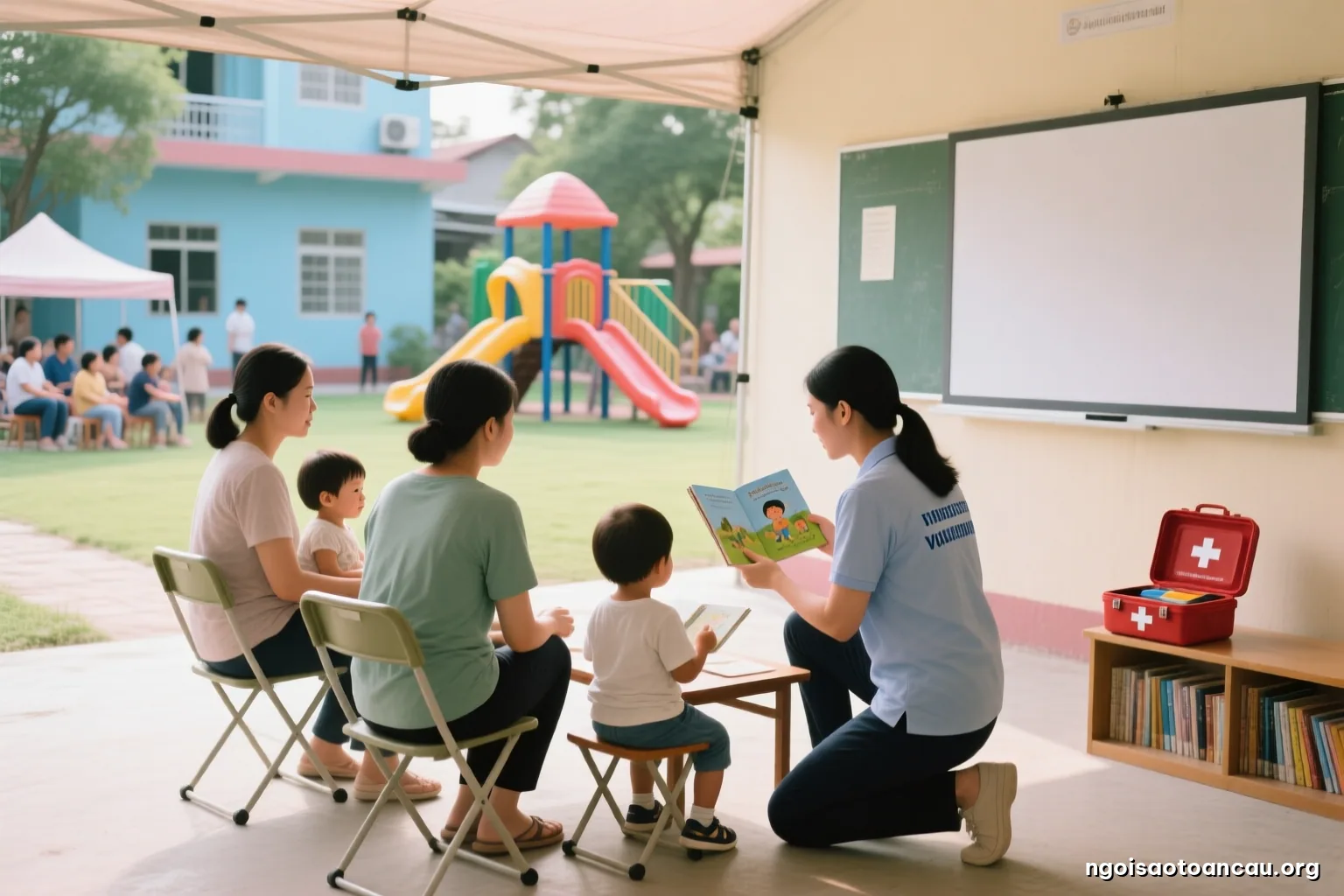 Corner of a community courtyard event, an adult volunteer kneeling beside a small child sitting on a folding chair under a canopy, a first-aid kit open on a low table, faces turned away