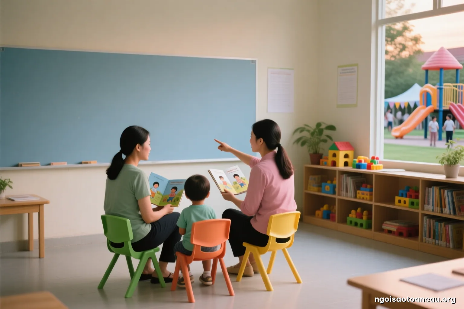 Two Vietnamese preschool teachers sitting side by side on child sized chairs in an empty classroom after school, one gesturing toward a corner with toy shelves, warm evening light