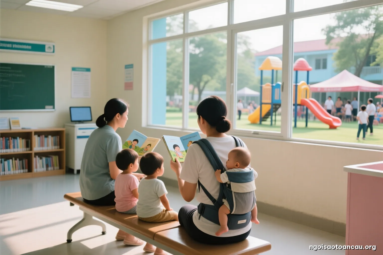 Quiet waiting area of a hospital outpatient clinic, a young parent sitting on a bench with a baby carrier on the chest, morning sunlight through tall windows, wide shot, back view