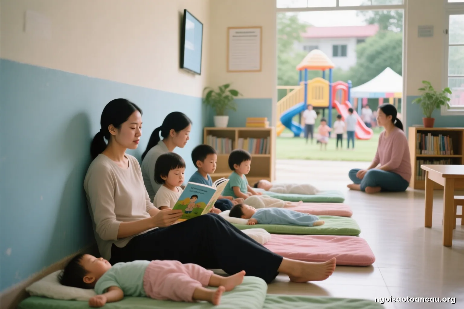 Quiet nap time in a dim preschool room, a teacher sits on the floor leaning against a wall with eyes closed, rows of small sleeping mats softly blurred, seen from a distance