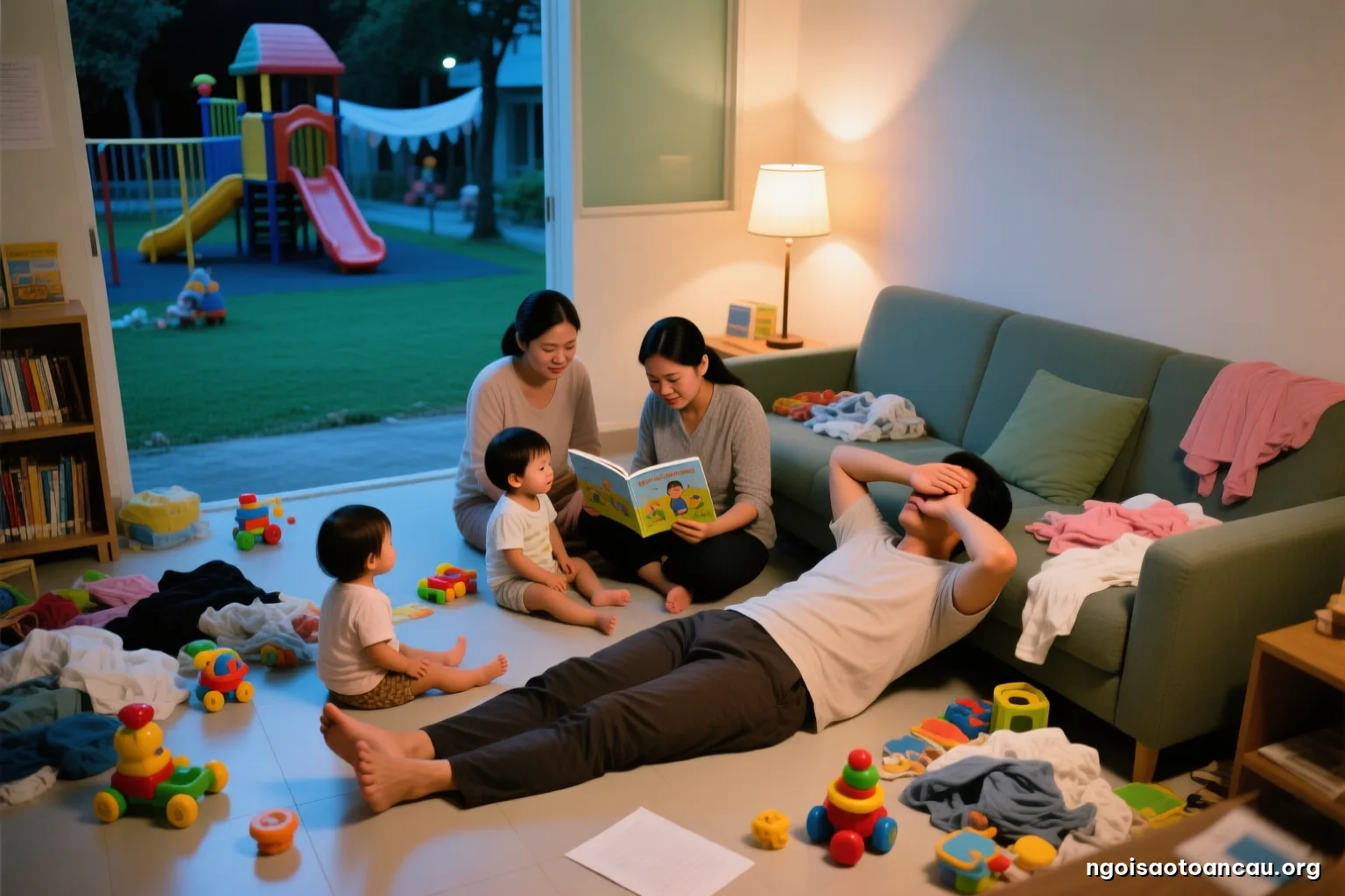 Top-down view of a cluttered living room floor at night, scattered toddler toys and laundry, a parent lying on the floor with an arm over their eyes, warm lamp light