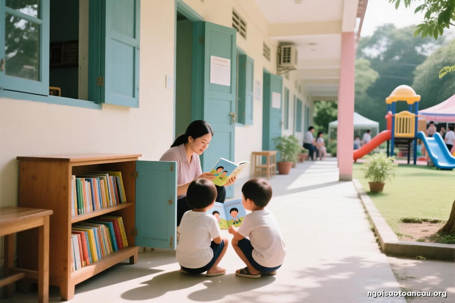 Covered courtyard of a row of rented rooms, a low painted wooden cabinet with open doors full of children books spines only, two kids crouching beside it seen from behind, afternoon shade