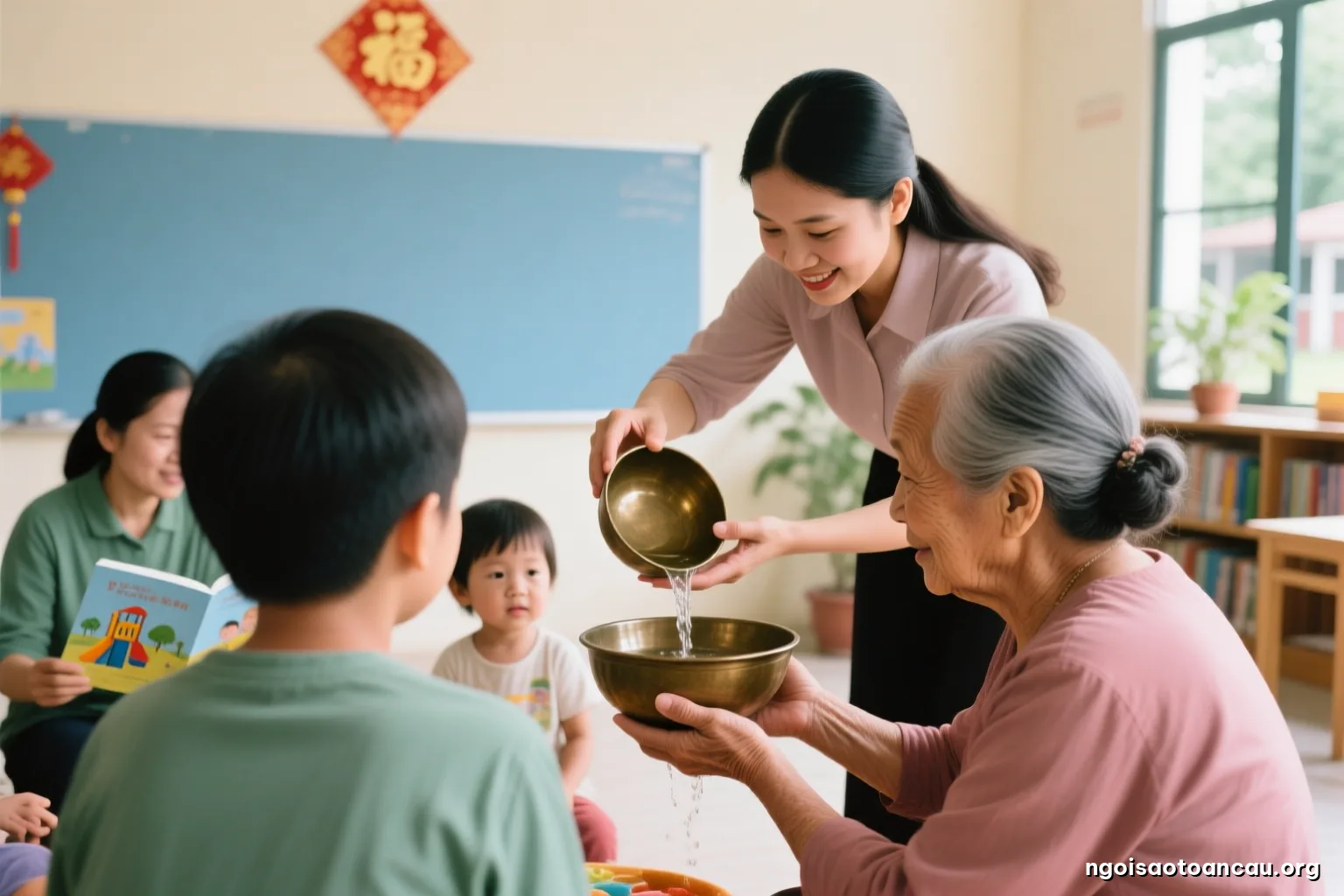 Close view of small hands pouring water gently from a bronze bowl over the palms of an elderly woman during a family new year gathering, warm daylight, faces out of frame