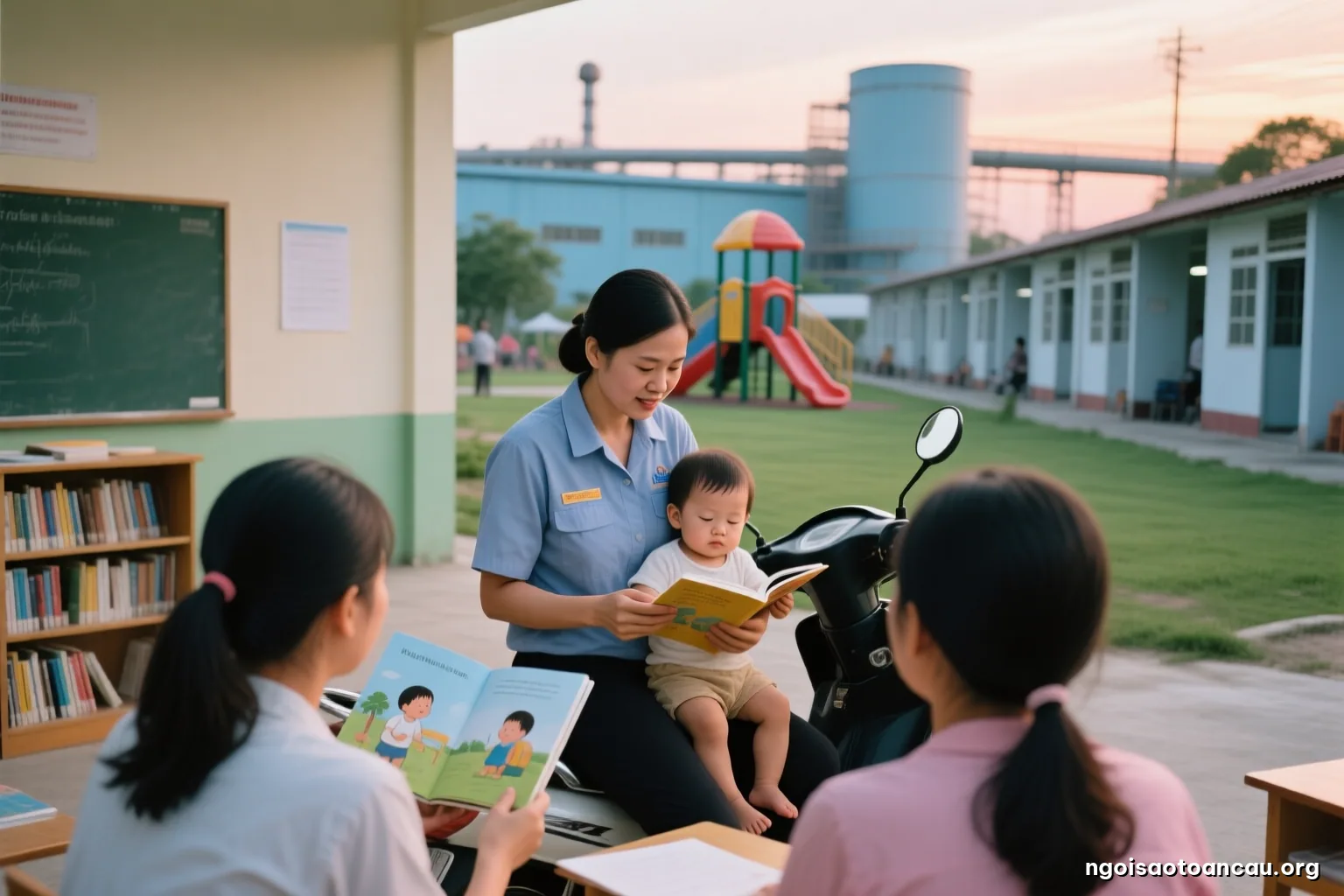 Dusk outside an industrial park in southern Vietnam, a mother in factory uniform lifting a sleepy toddler onto a motorbike seat, rows of rented rooms behind, faces not visible