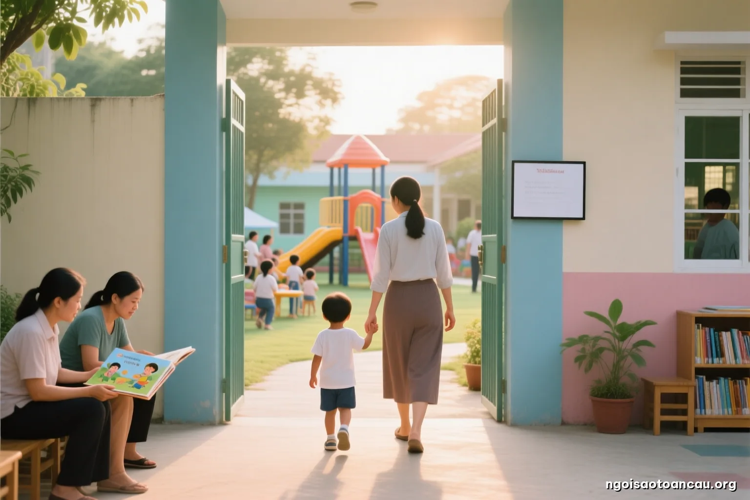 A mother and a small child seen from behind walking hand in hand through the open gate of a quiet public kindergarten yard at early morning, soft golden light