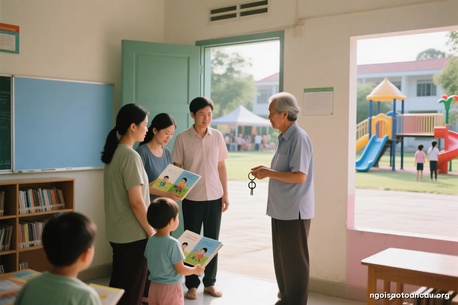 Two adults standing at the doorway of a small neighborhood community hall talking with an older caretaker holding a ring of keys, empty courtyard behind them, morning light, side view