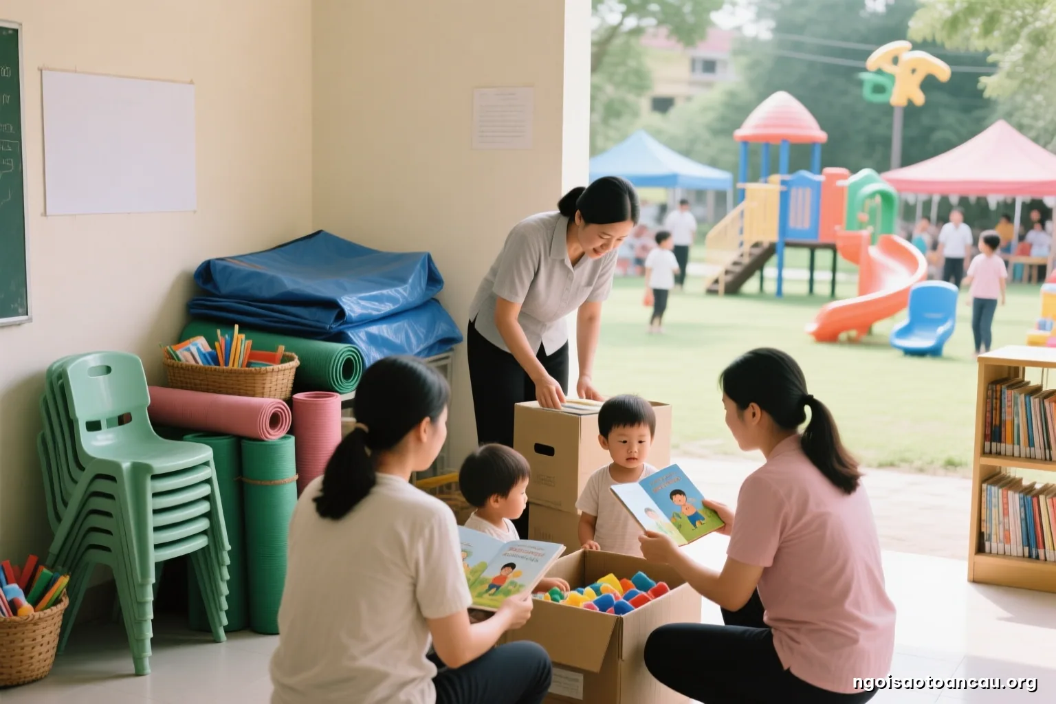 A neighborhood storage corner with stacked plastic chairs, folded tarps, rolled mats and baskets of craft materials, two adults sorting items into boxes, soft daylight, medium shot