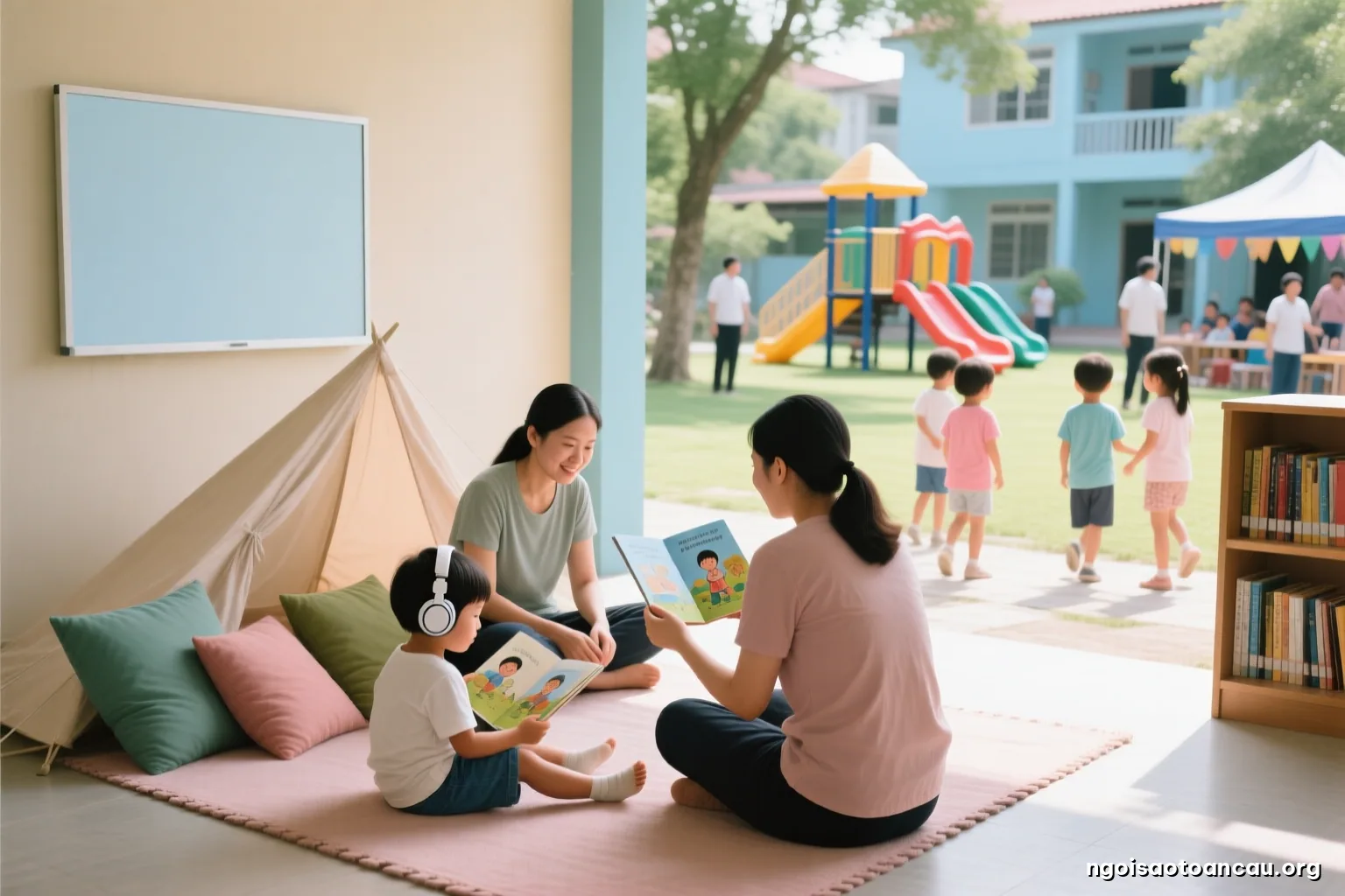 A quiet corner of a community courtyard event with a soft mat, cushions and a low tent, one small child resting with headphones while a parent sits nearby, other children playing far behind