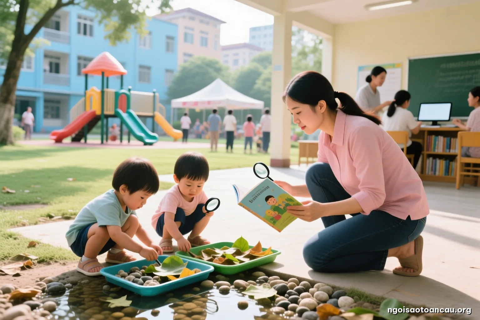 Morning in a shaded city park, small children crouching over shallow trays of leaves, pebbles and water with magnifying glasses, a parent kneeling beside them, seen from low behind