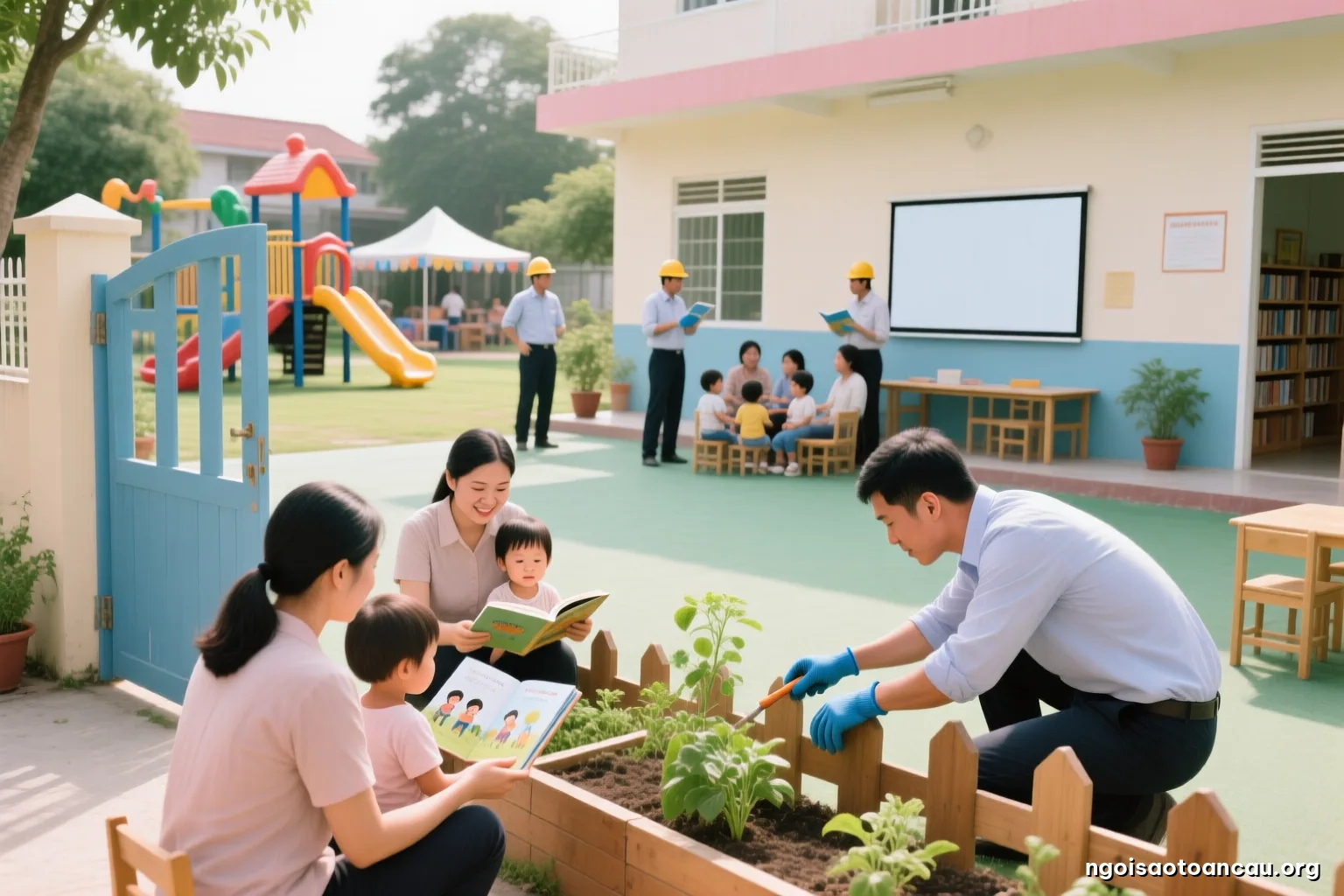Saturday morning at an empty preschool yard, a group of office workers in work gloves repainting a low wooden fence and planting herbs in raised beds, wide shot from the gate