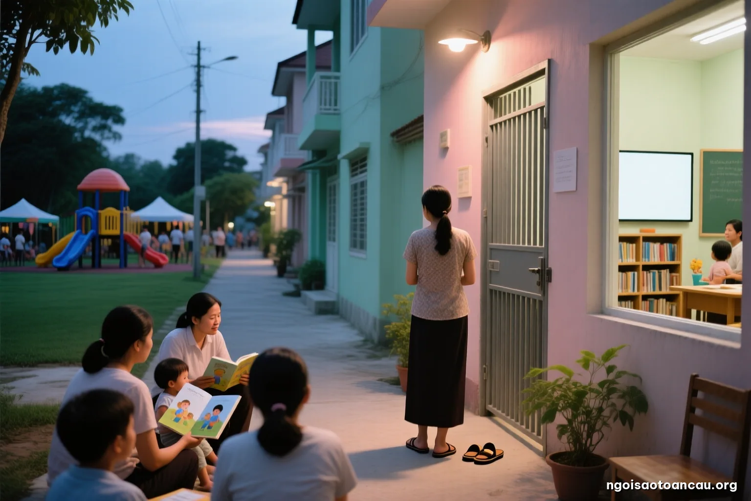 Narrow alley between row houses in early evening, a woman pausing outside a closed metal gate, a small pair of sandals by the doorstep, dim street light, back view