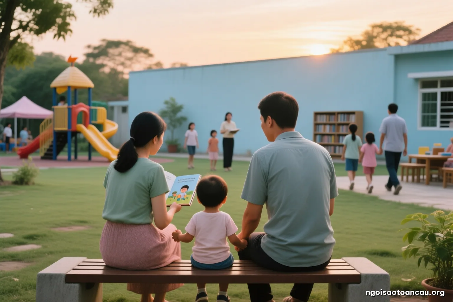 A mother and father seen from behind sitting on a park bench at dusk, a young child between them holding both their hands, other families walking far away, soft golden light