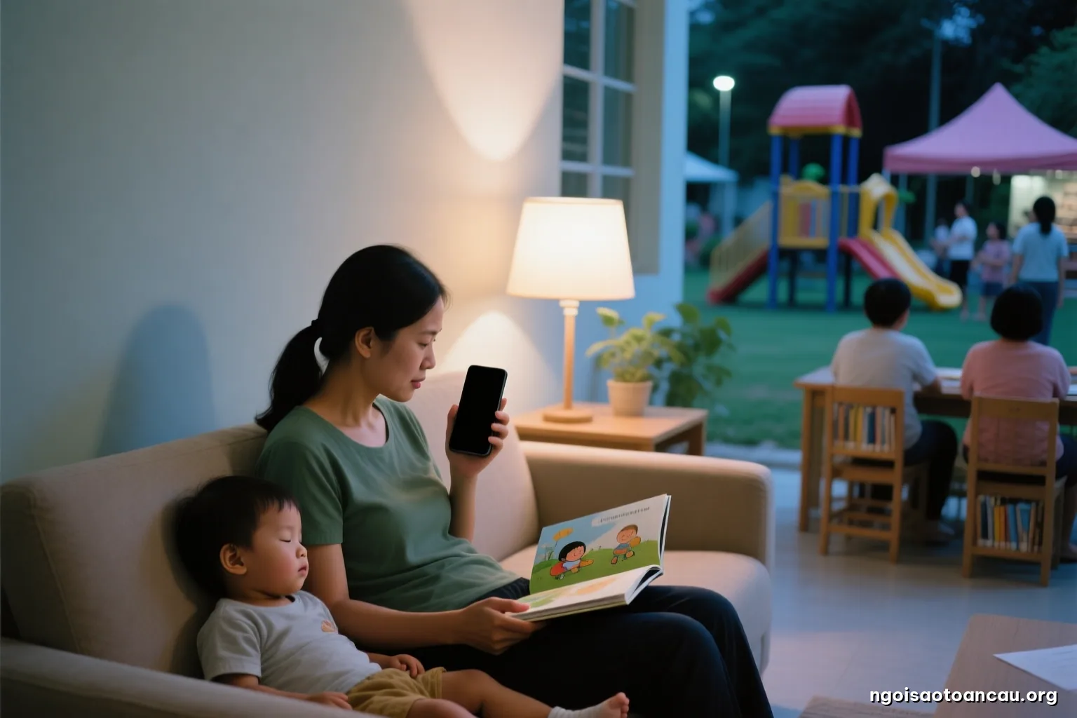 Close view of a parent sitting on a sofa at night holding a phone with a blank dark display, a sleeping toddler leaning against them, dim lamp light, face out of frame