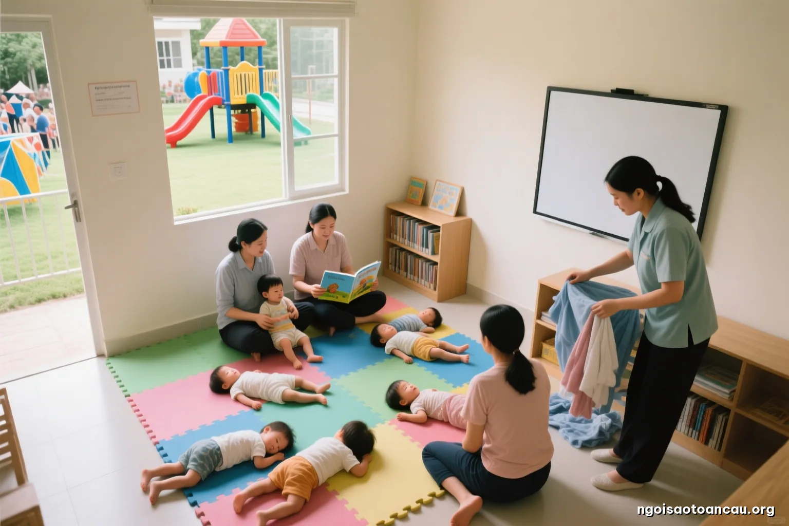 Top-down view of a small ground-floor playroom in a suburban house, six toddlers napping on colorful mats, a caregiver folding laundry in the corner, faces hidden, soft noon light