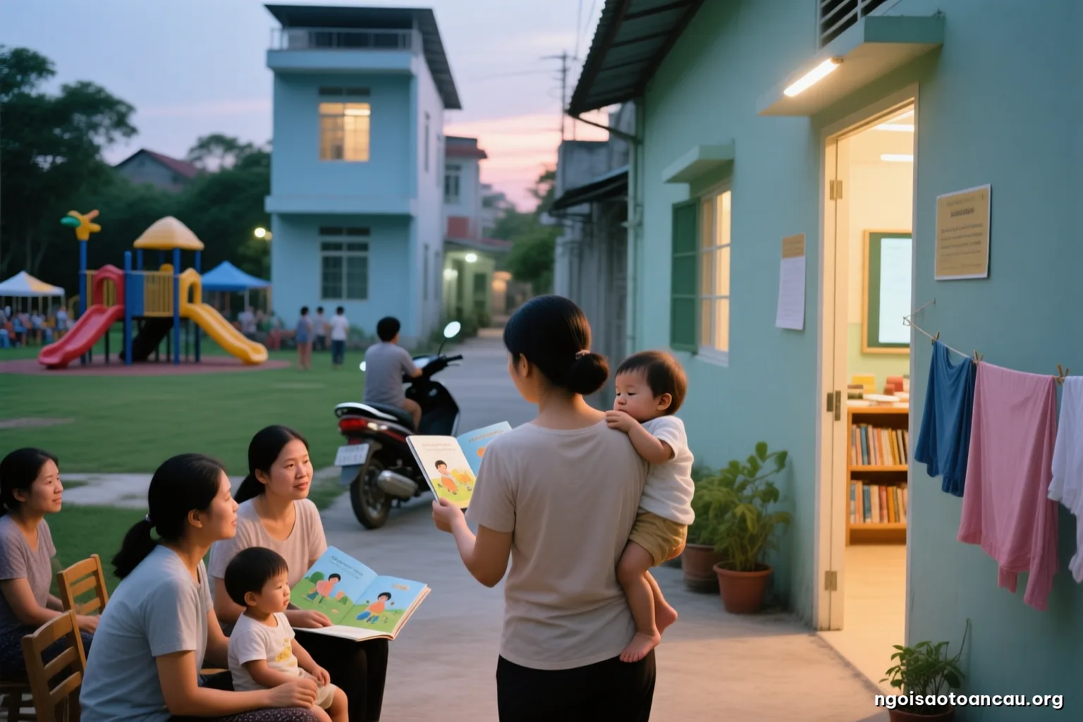 A narrow alley of rented rooms at dusk, a mother seen from behind carrying a sleeping toddler past drying laundry and parked motorbikes, warm light from open doorways