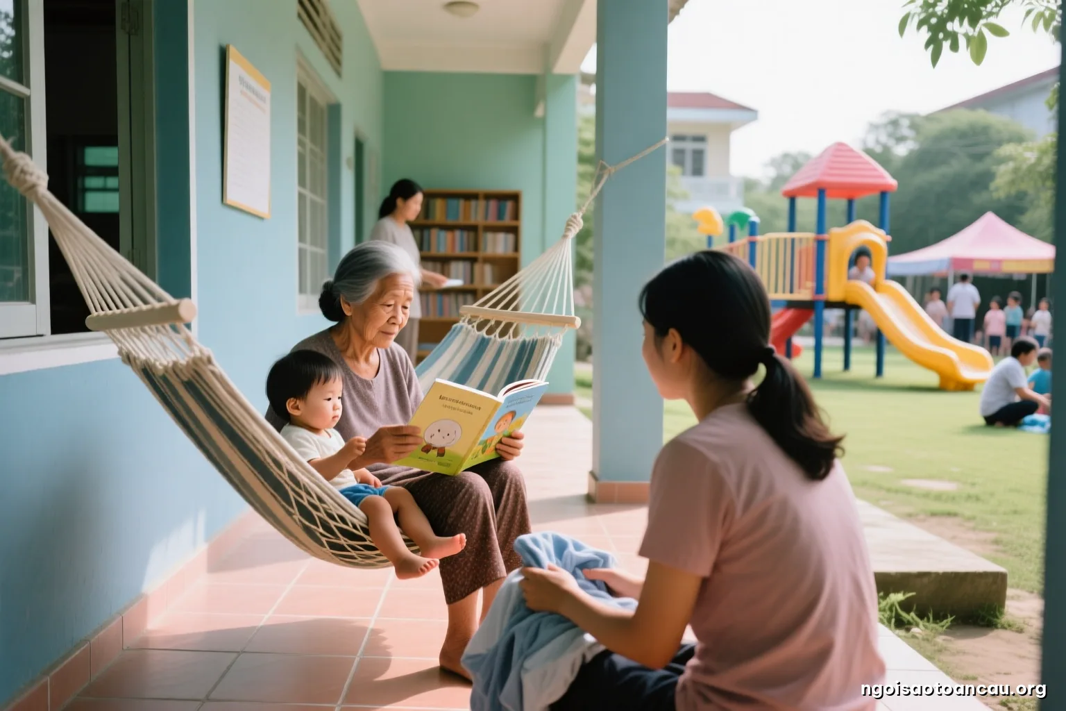 Afternoon on a tiled front porch, a grandmother rocking a toddler in a hammock while a young mother sits nearby folding laundry, shot from the side at low angle, faces in shadow