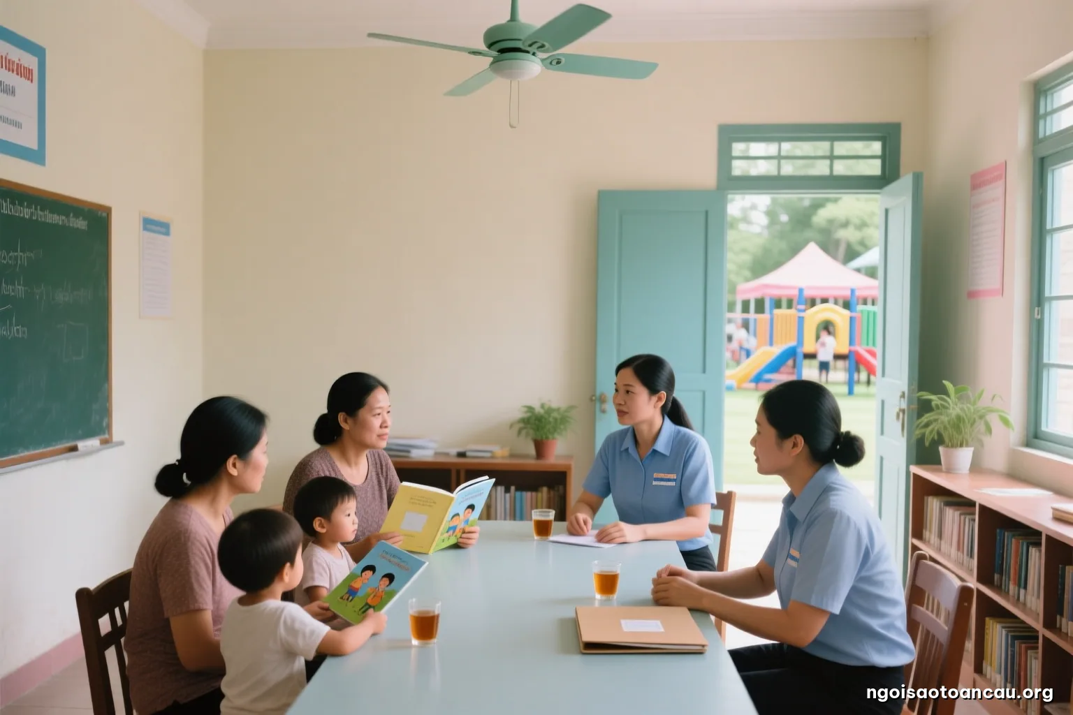 Modest commune office meeting room with a ceiling fan, a volunteer and two local women officials talking around a plain table with glasses of tea and a closed folder, shot from doorway
