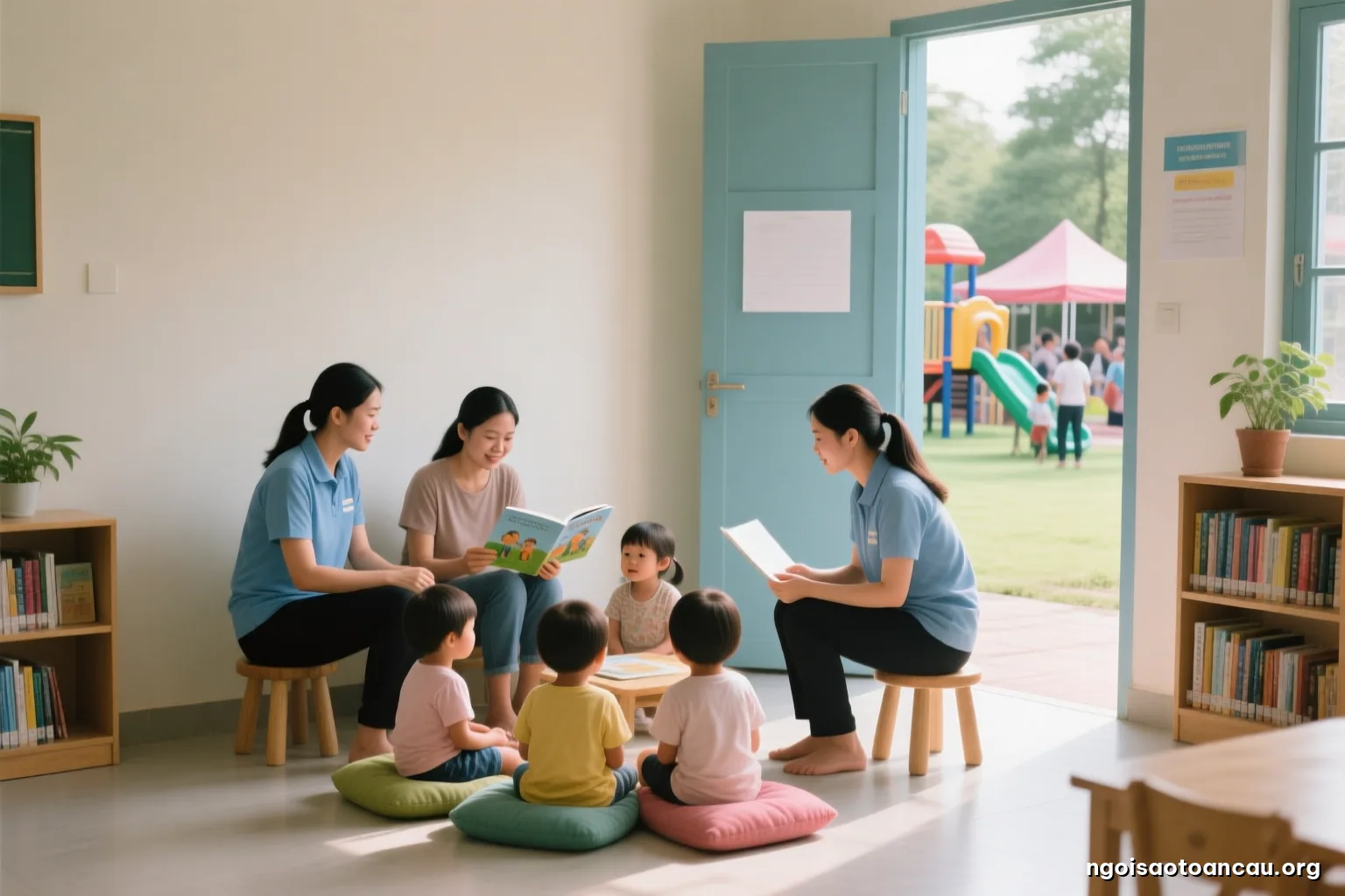 Community library reading corner on a weekend morning, two volunteers seated on low stools with a small group of children on floor cushions, seen from the doorway, natural light