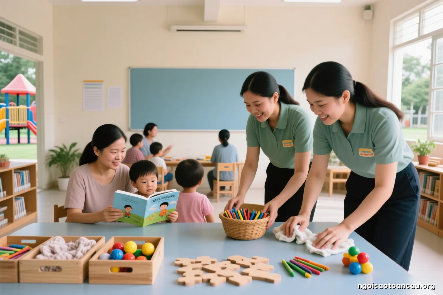 Community hall table covered with sorted bins of wooden puzzles, cloth balls and crayons, two volunteers wiping toys with damp cloths, close view of hands and baskets, soft daylight