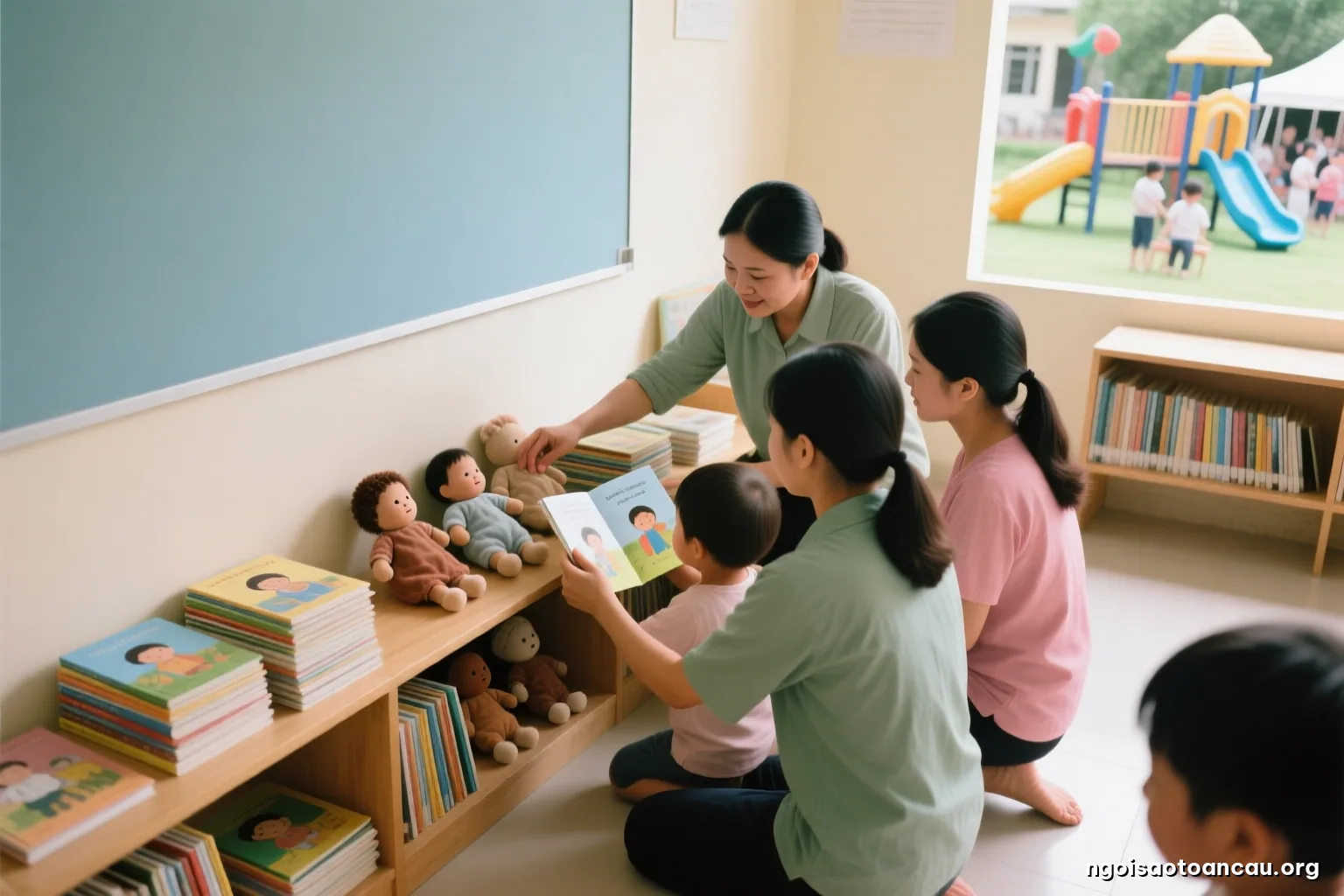Overhead view of a low wooden shelf being sorted by adult hands into small piles of picture books and cloth dolls with varied skin tones, a child kneeling nearby, natural light